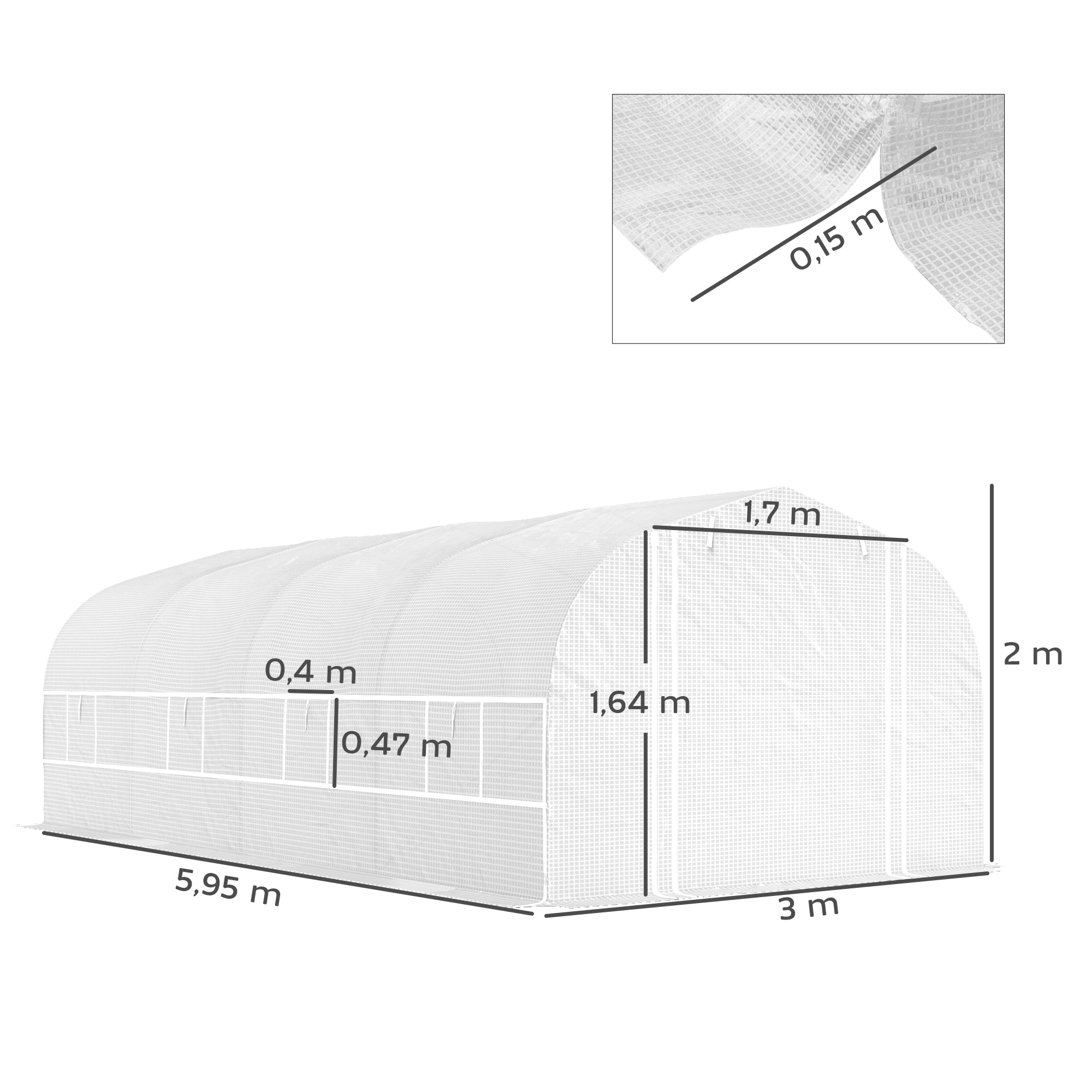 Outsunny Invernadero de Exterior 6x3x2 m Invernadero de Túnel con 8 Ventanas Cubierta de PE Anti-UV y Puerta Enrollable con Cremallera Paredes Laterales con Malla Blanco