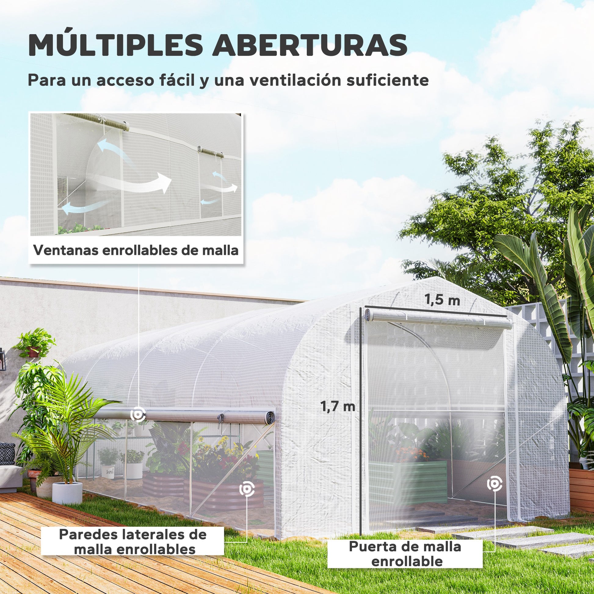 Outsunny Invernadero de Exterior 6x3x2 m Invernadero de Túnel con 8 Ventanas Cubierta de PE Anti-UV y Puerta Enrollable con Cremallera Paredes Laterales con Malla Blanco