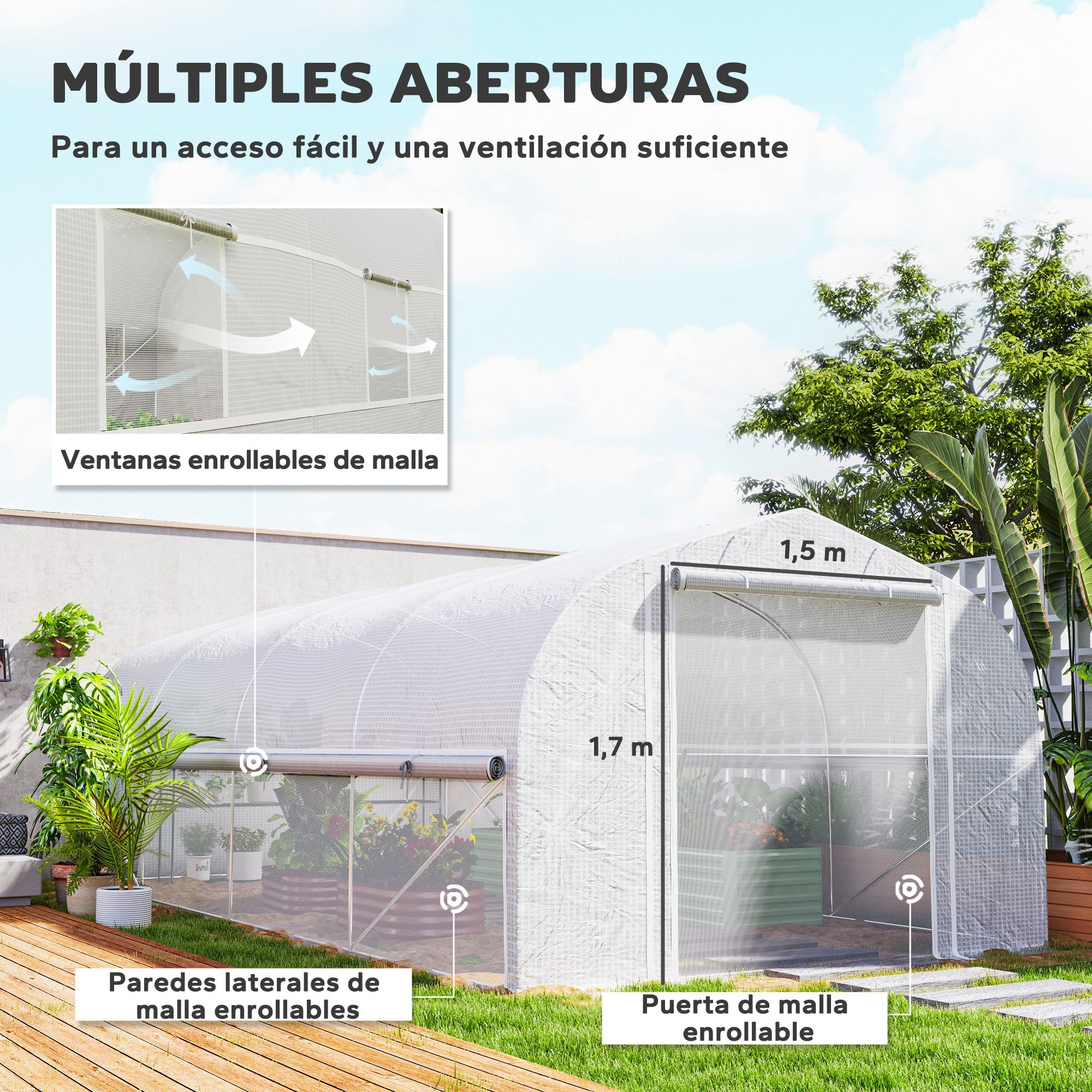 Outsunny Invernadero de Exterior 6x3x2 m Invernadero de Túnel con 8 Ventanas Cubierta de PE Anti-UV y Puerta Enrollable con Cremallera Paredes Laterales con Malla Blanco