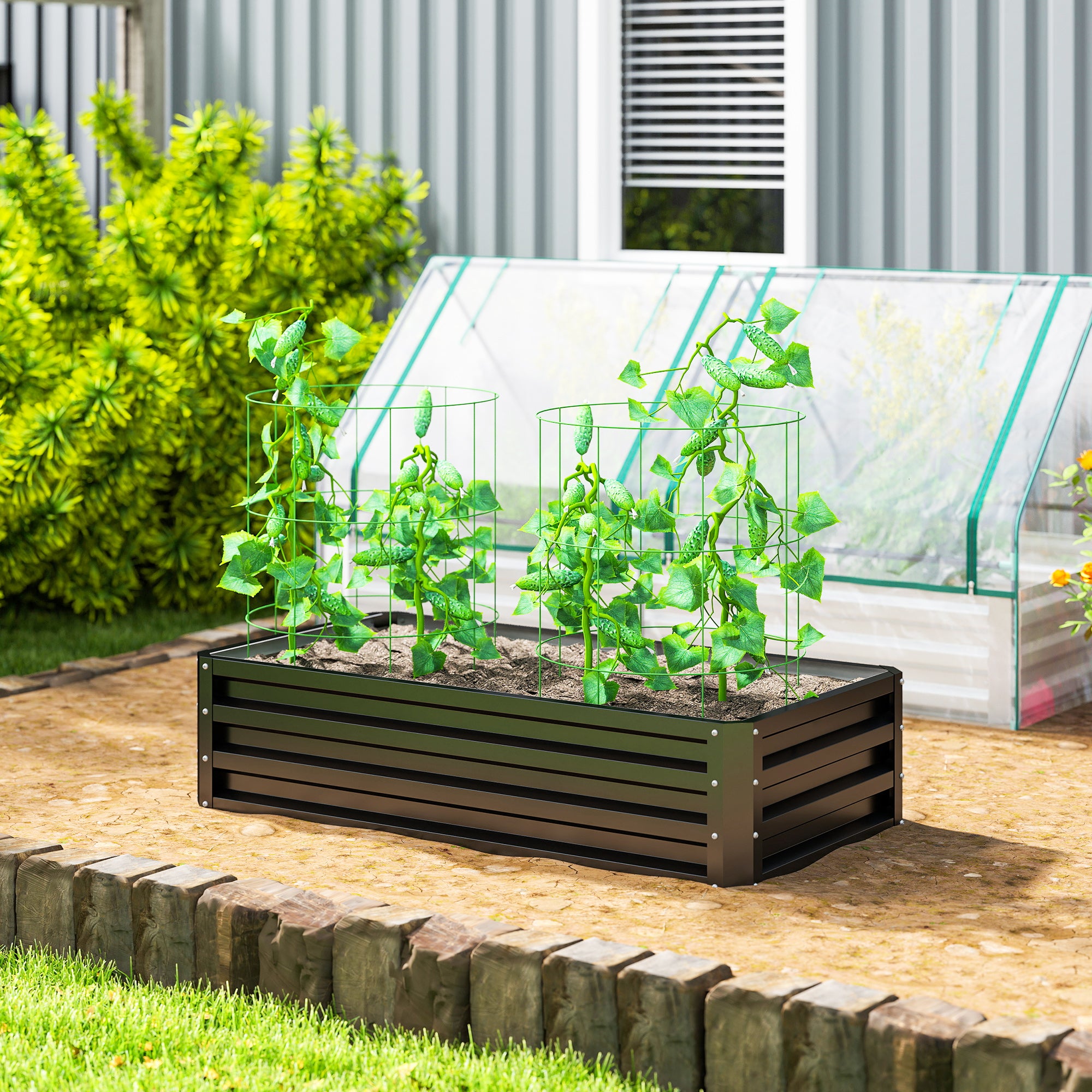 Outsunny Jardinera Exterior Grande de Acero Galvanizado, Huerto Urbano Elevado para Cultivar Plantas, Flores, Hierba, Macetero Exterior Rectangular con Fondo Abierto, 120x60x30,5 cm, Gris
