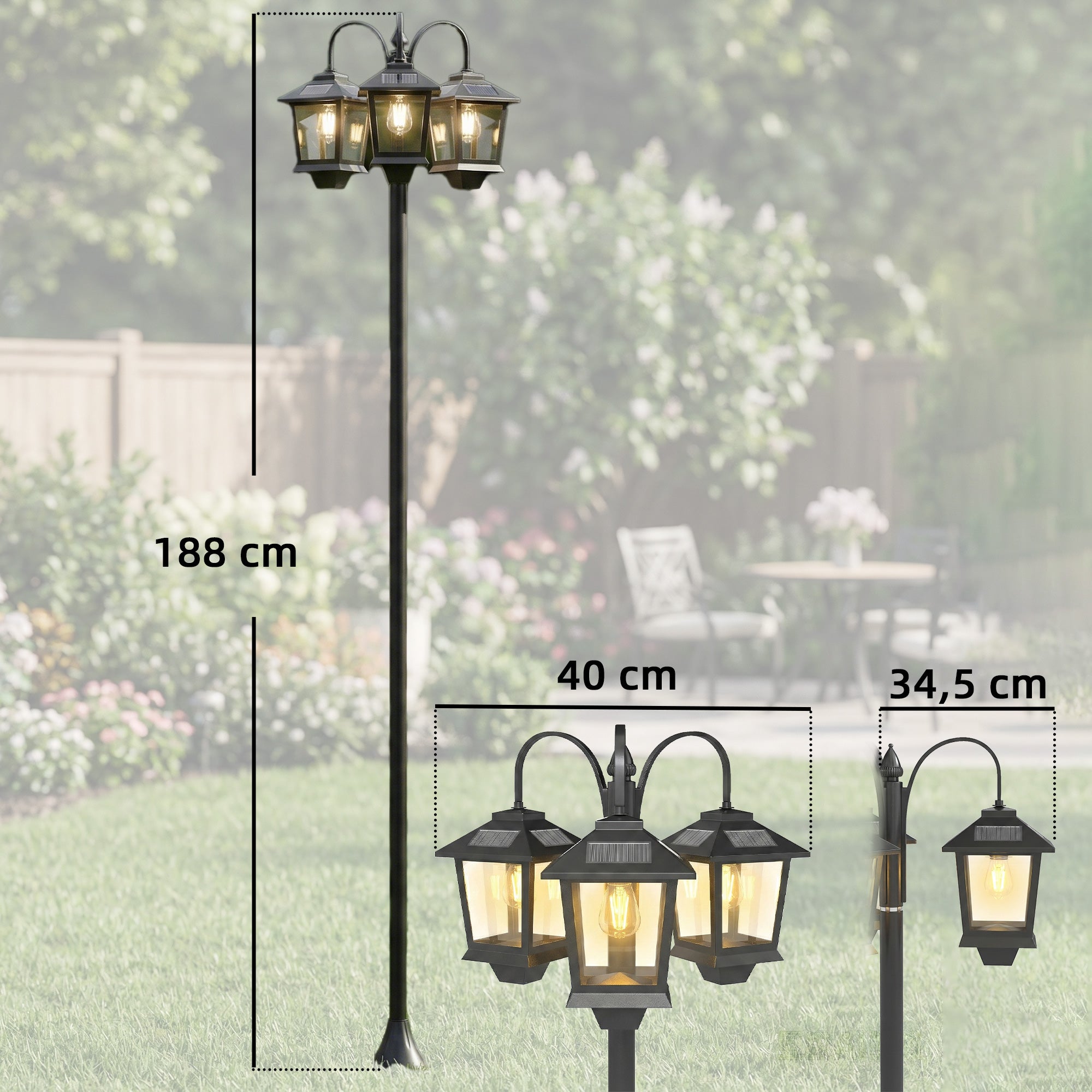 Outsunny Farola Solar Exterior de Jardín con 3 Cabezales, Luz Solar de Exterior de Aluminio con Encendido/Apagado Automático, Impermeable IP44, para Terraza, Patio, 40x34,5x188 cm, Negro