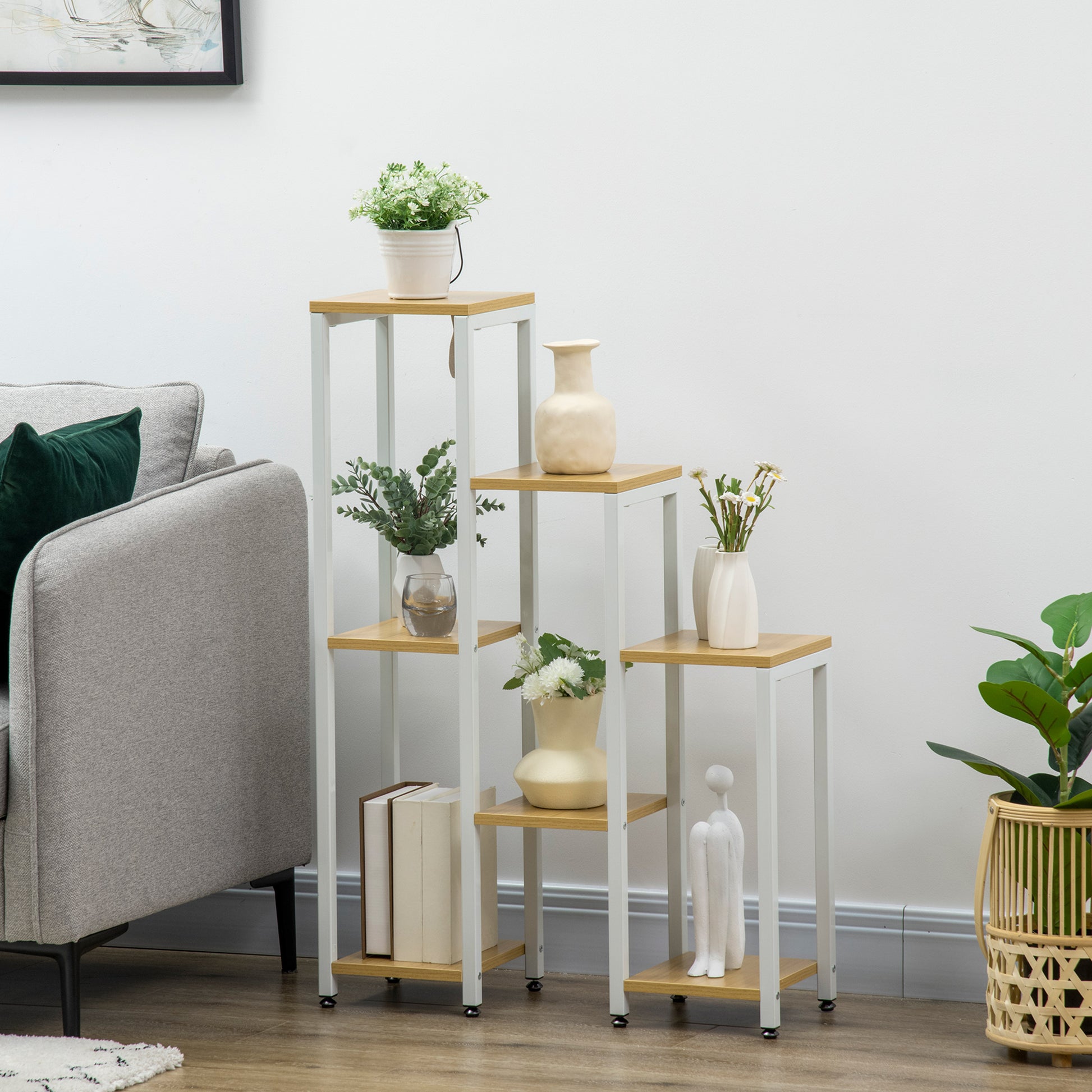 Outsunny Soporte para Plantas Estantería para Flores Soporte para Exhibición de Macetas con 7 Estantes y Marco de Acero para Interiores Exteriores 65x23x94,5 cm Natural y Blanco