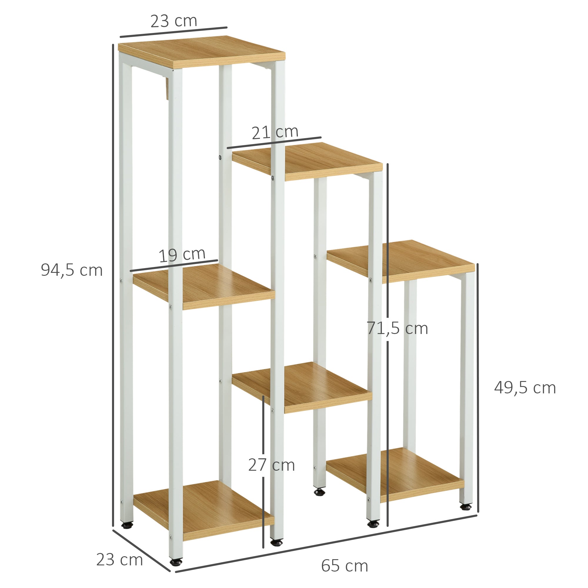 Outsunny Soporte para Plantas Estantería para Flores Soporte para Exhibición de Macetas con 7 Estantes y Marco de Acero para Interiores Exteriores 65x23x94,5 cm Natural y Blanco