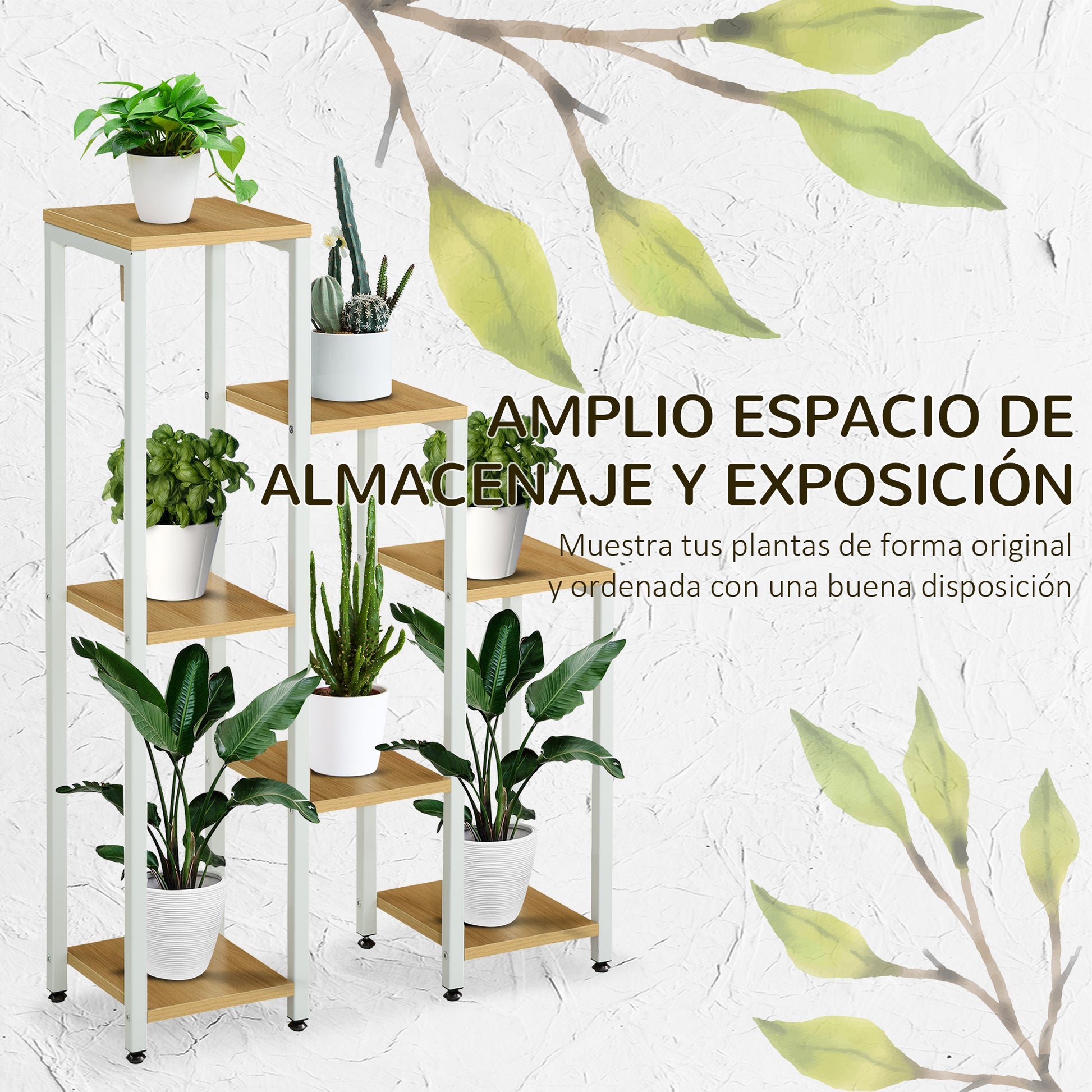 Outsunny Soporte para Plantas Estantería para Flores Soporte para Exhibición de Macetas con 7 Estantes y Marco de Acero para Interiores Exteriores 65x23x94,5 cm Natural y Blanco