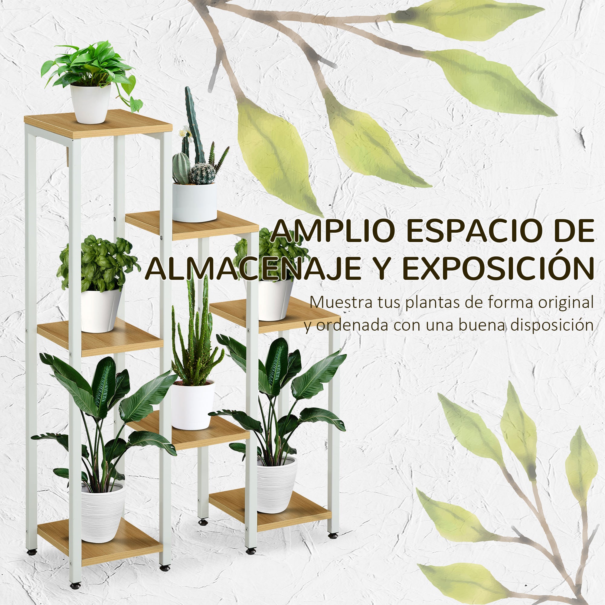 Outsunny Soporte para Plantas Estantería para Flores Soporte para Exhibición de Macetas con 7 Estantes y Marco de Acero para Interiores Exteriores 65x23x94,5 cm Natural y Blanco