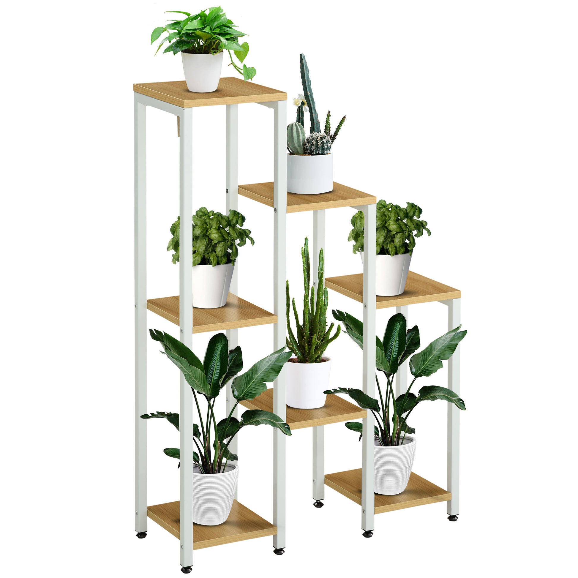 Outsunny Soporte para Plantas Estantería para Flores Soporte para Exhibición de Macetas con 7 Estantes y Marco de Acero para Interiores Exteriores 65x23x94,5 cm Natural y Blanco