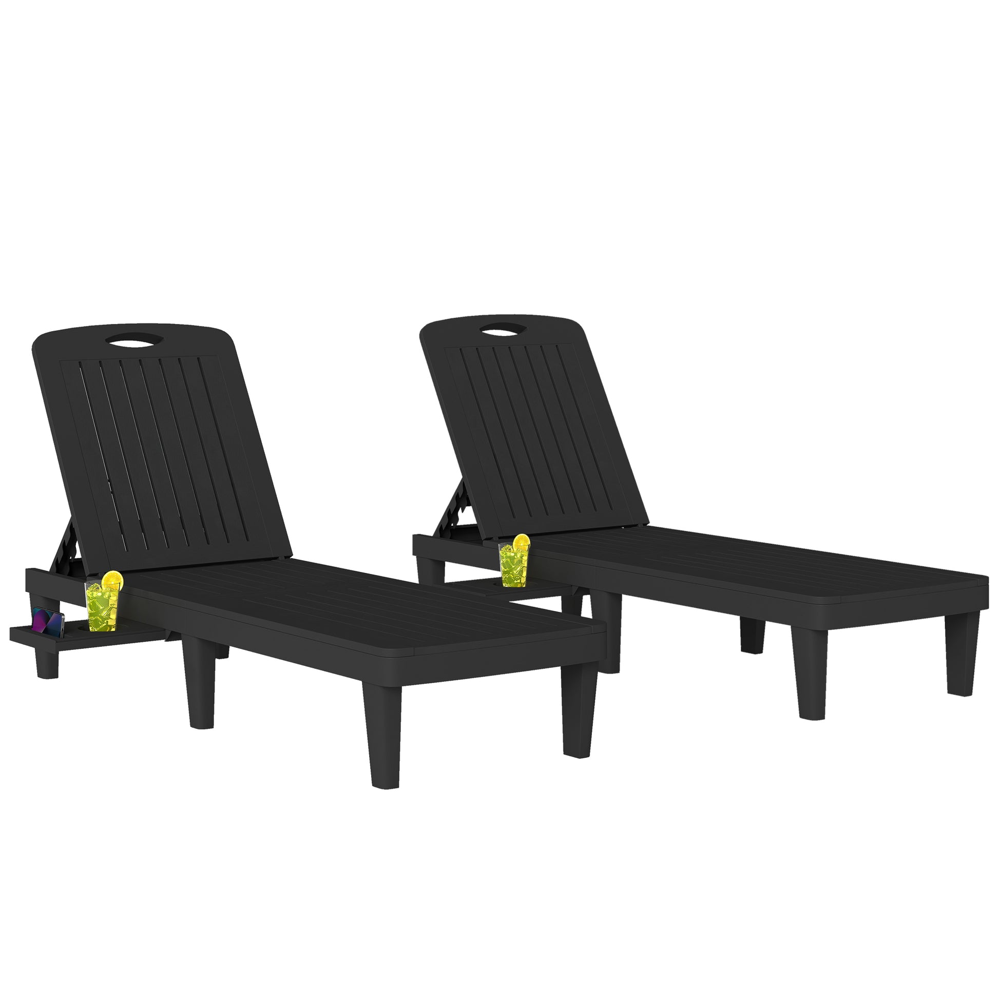 Outsunny Pack de 2 Tumbonas de Jardín Exterior, Tumbonas Reclinables de Plástico PP con Bandeja Lateral, Respaldo Ajustable de 5 Niveles, Resistentes a la Intemperie, para Playa, Piscina, Negro
