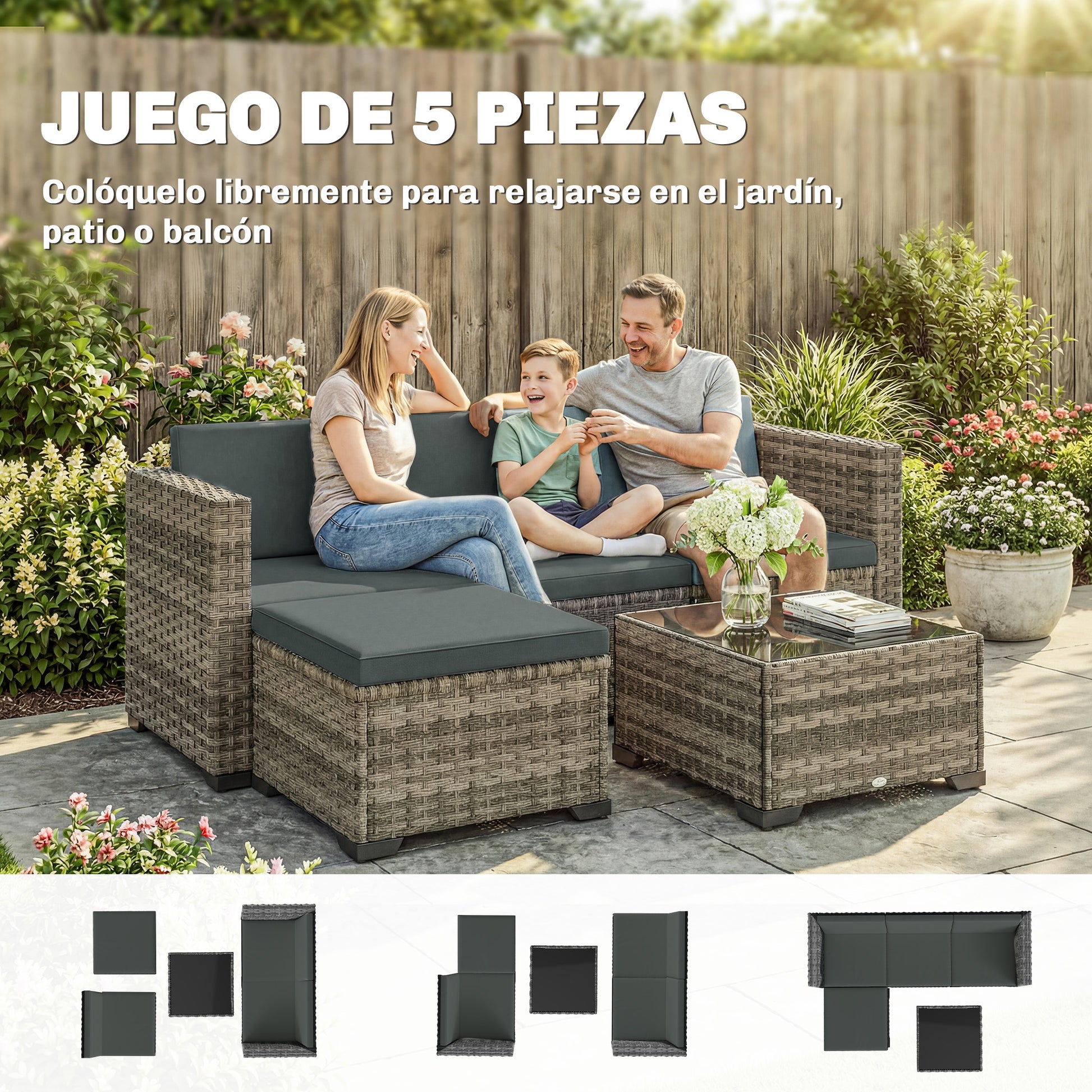 Outsunny Conjunto de Jardín de Ratán de 5 Piezas, Conjunto Terraza Resistente, Muebles Jardín Exterior Incluye Cojines, 2 Sillones de Esquina, Sillón sin Brazos, Reposapiés y Mesa Centro, Gris Oscuro