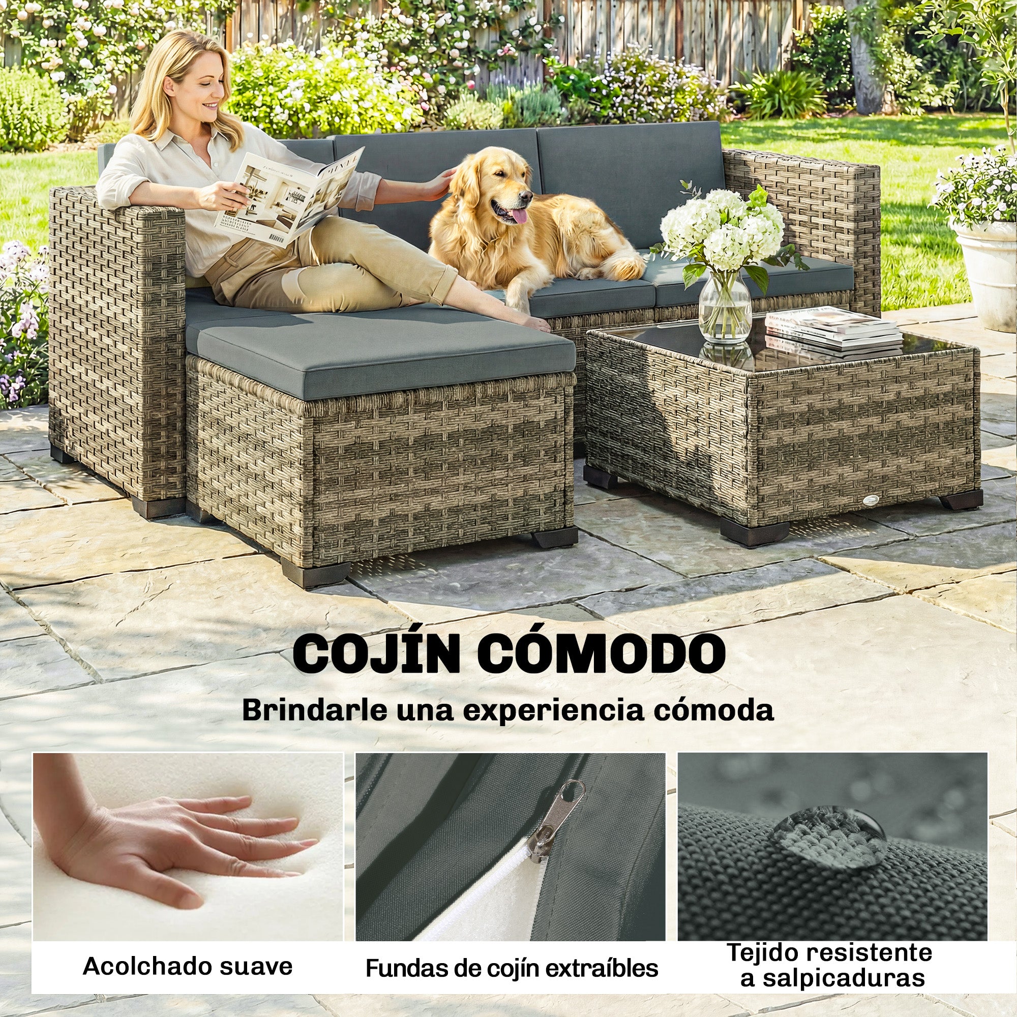 Outsunny Conjunto de Jardín de Ratán de 5 Piezas, Conjunto Terraza Resistente, Muebles Jardín Exterior Incluye Cojines, 2 Sillones de Esquina, Sillón sin Brazos, Reposapiés y Mesa Centro, Gris Oscuro