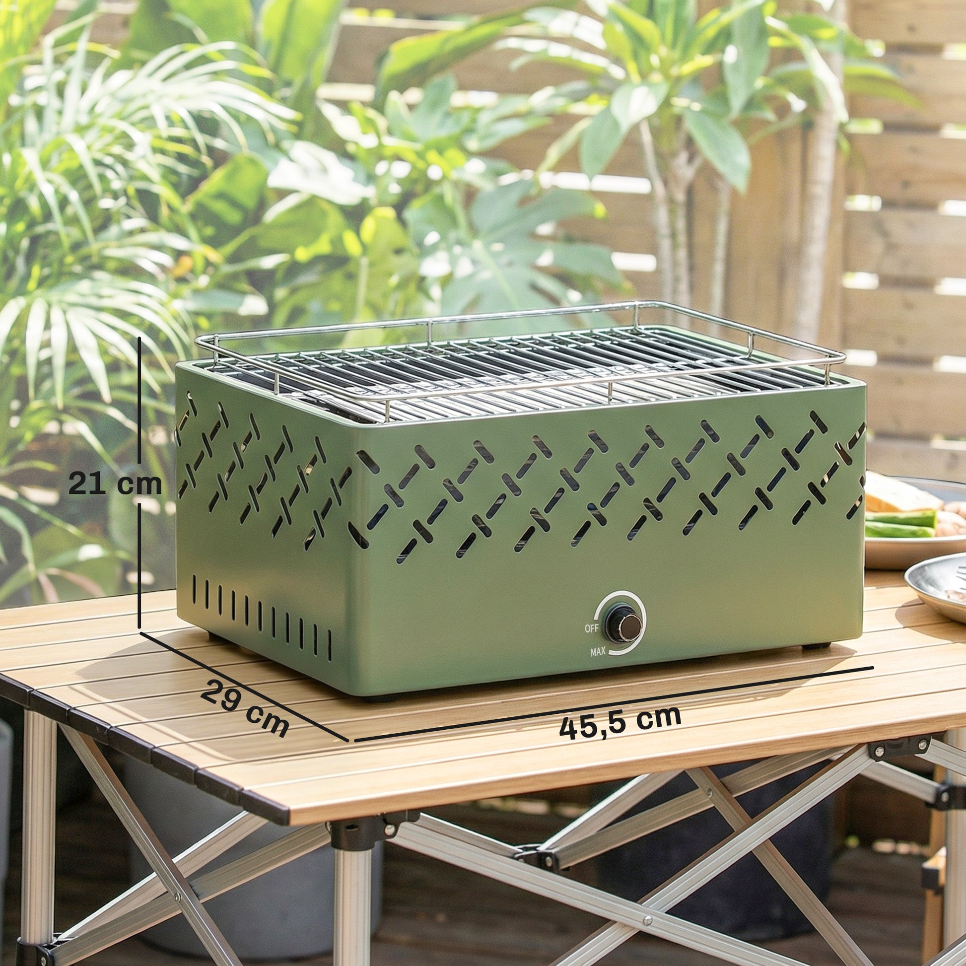 Outsunny Barbacoa de Carbón, Barbacoa Portátil, 45,5x29x21 cm, con Ventilador Integrado, Temperatura Ajustable y Bandeja de Carbón, para Camping, Picnic, Fiesta en Jardín, Verde Claro