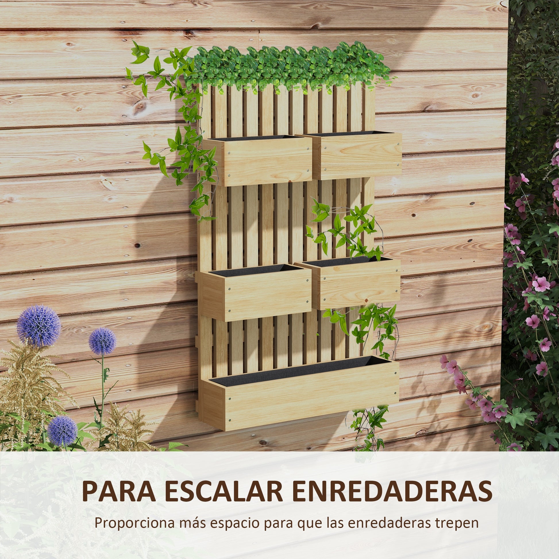 Outsunny Jardinera de Pared con Enrejado, Jardinera Exterior Grande de Madera con 5 Macetas Móviles, Tela no tejida y Orificios de Drenaje, para Exterior, Jardín, Terraza, Patio, 60x16x100 cm, Natural