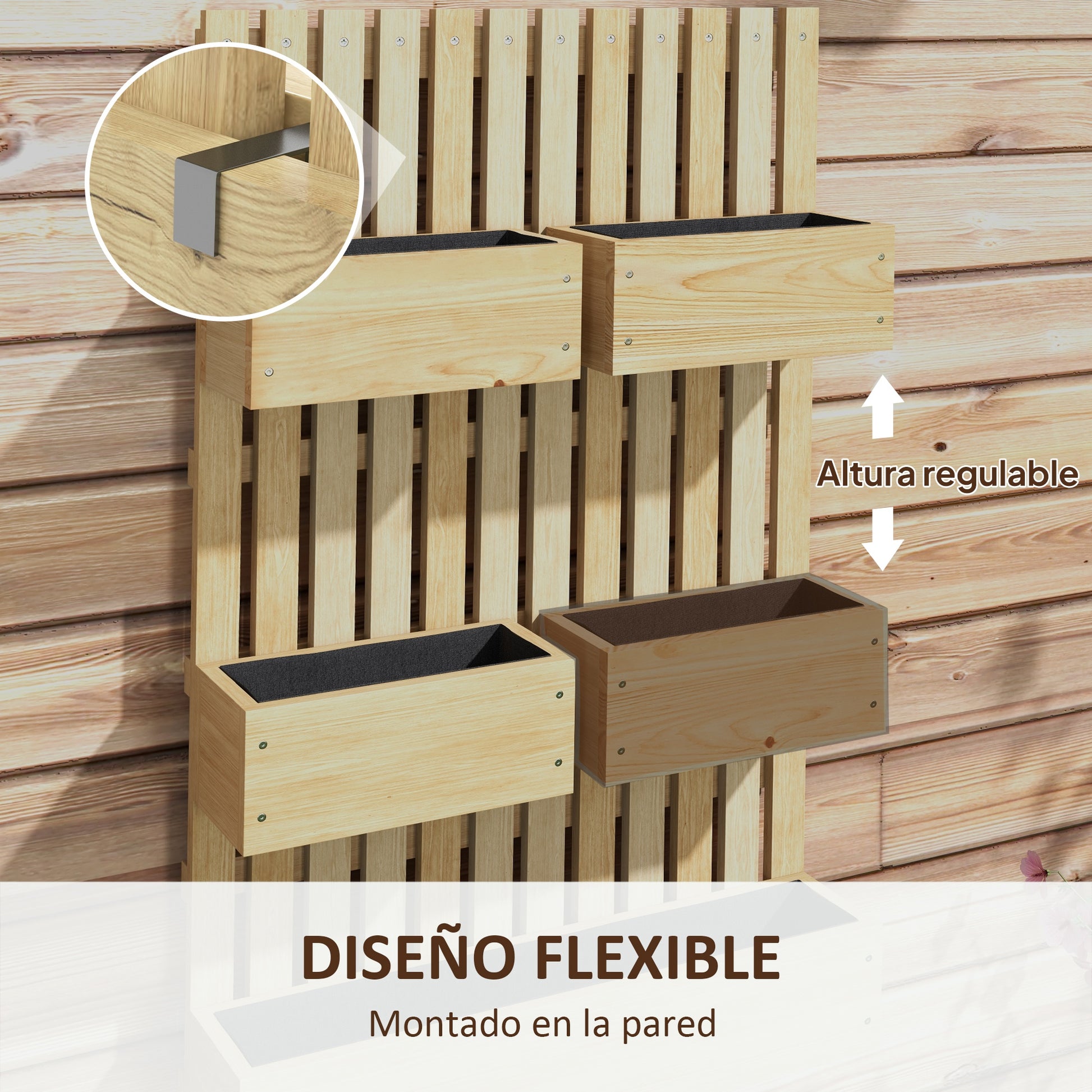 Outsunny Jardinera de Pared con Enrejado, Jardinera Exterior Grande de Madera con 5 Macetas Móviles, Tela no tejida y Orificios de Drenaje, para Exterior, Jardín, Terraza, Patio, 60x16x100 cm, Natural