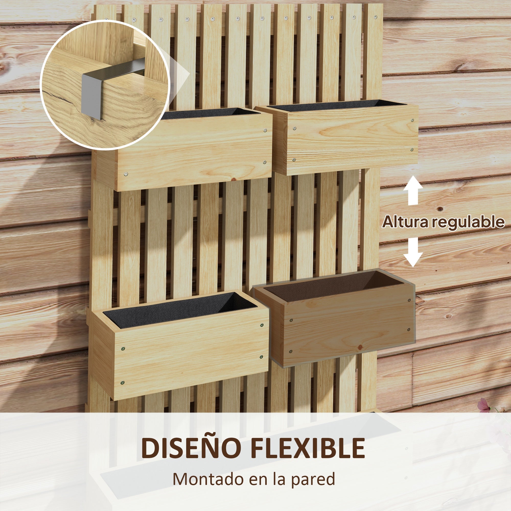 Outsunny Jardinera de Pared con Enrejado, Jardinera Exterior Grande de Madera con 5 Macetas Móviles, Tela no tejida y Orificios de Drenaje, para Exterior, Jardín, Terraza, Patio, 60x16x100 cm, Natural