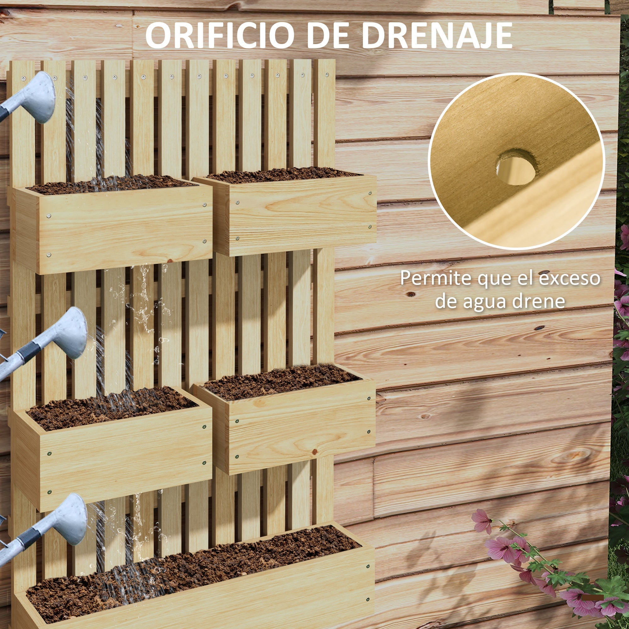 Outsunny Jardinera de Pared con Enrejado, Jardinera Exterior Grande de Madera con 5 Macetas Móviles, Tela no tejida y Orificios de Drenaje, para Exterior, Jardín, Terraza, Patio, 60x16x100 cm, Natural