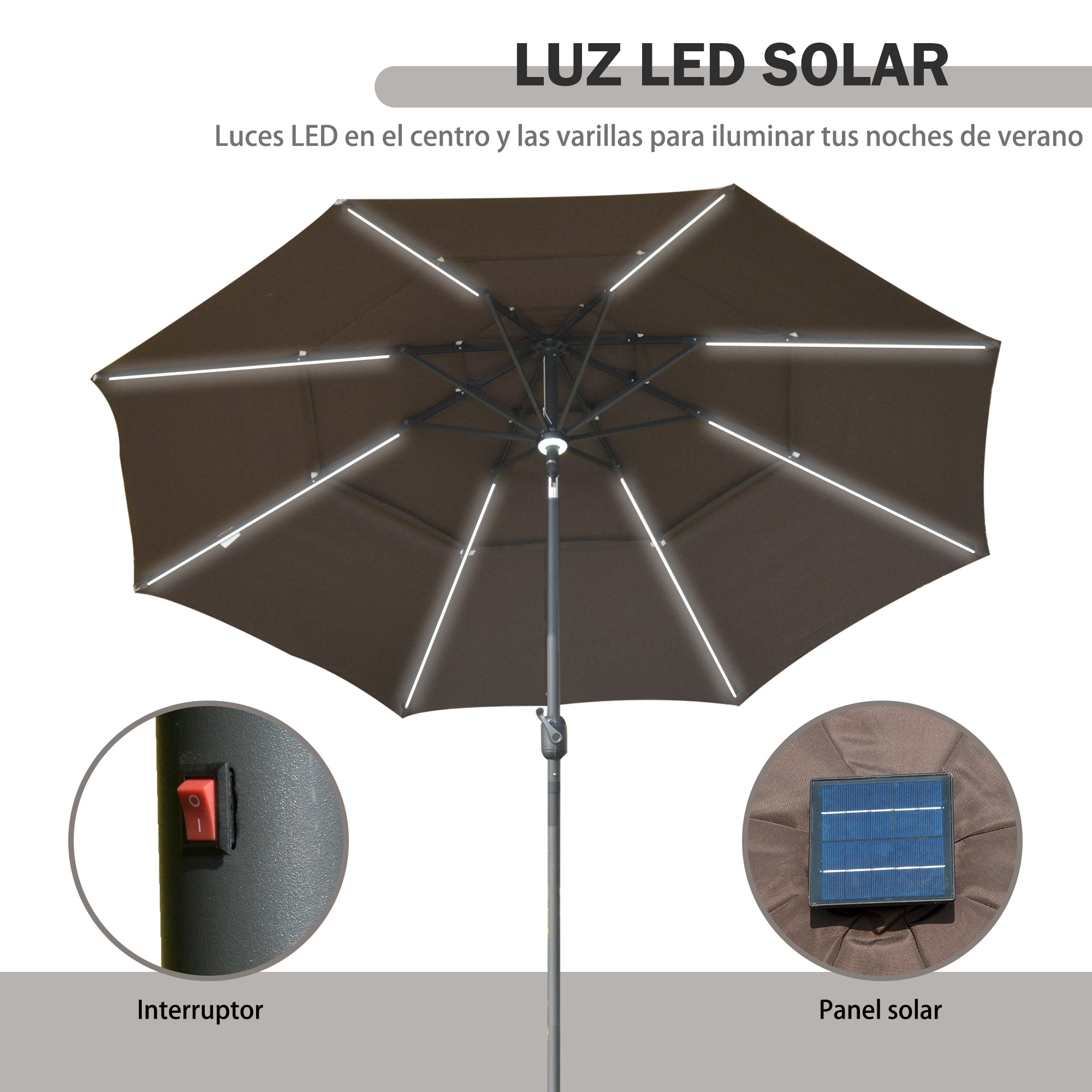 Outsunny Sombrilla de Jardín Ø300x250cm con Luces LED y Panel Solar Manivela Ángulo Ajustable en 3 Posiciones Parasol para Patio Terraza Piscina Café