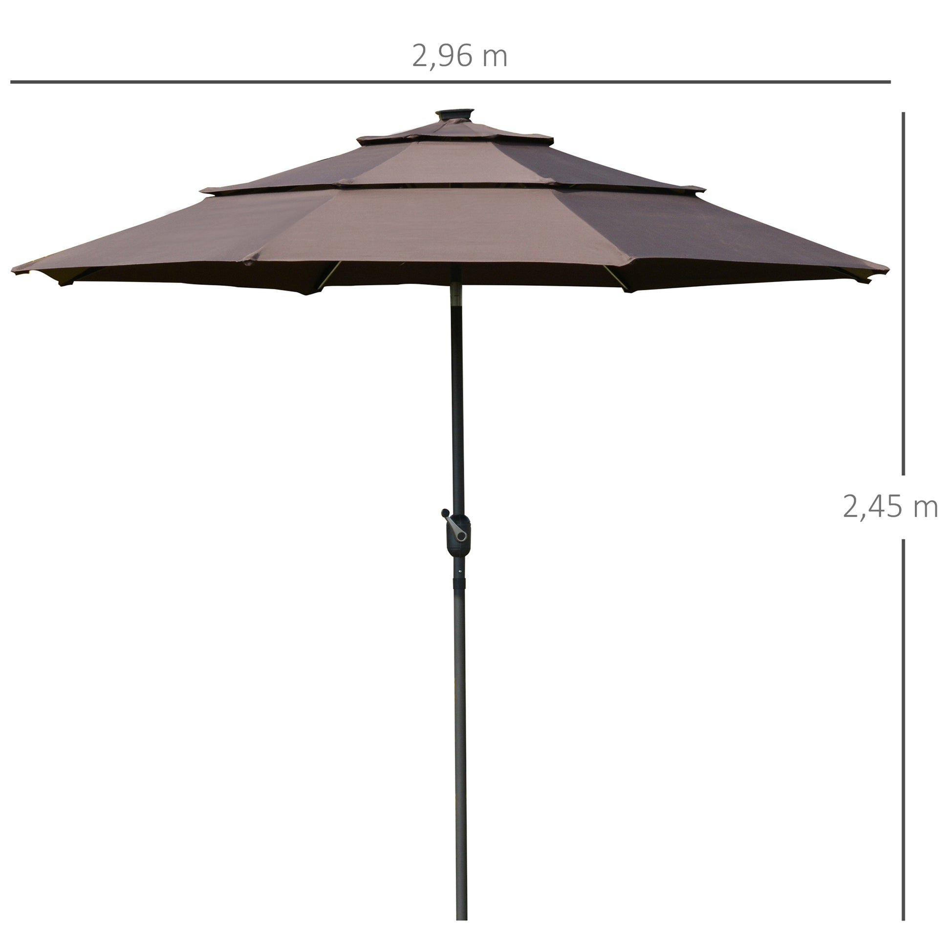 Outsunny Sombrilla de Jardín Ø300x250cm con Luces LED y Panel Solar Manivela Ángulo Ajustable en 3 Posiciones Parasol para Patio Terraza Piscina Café
