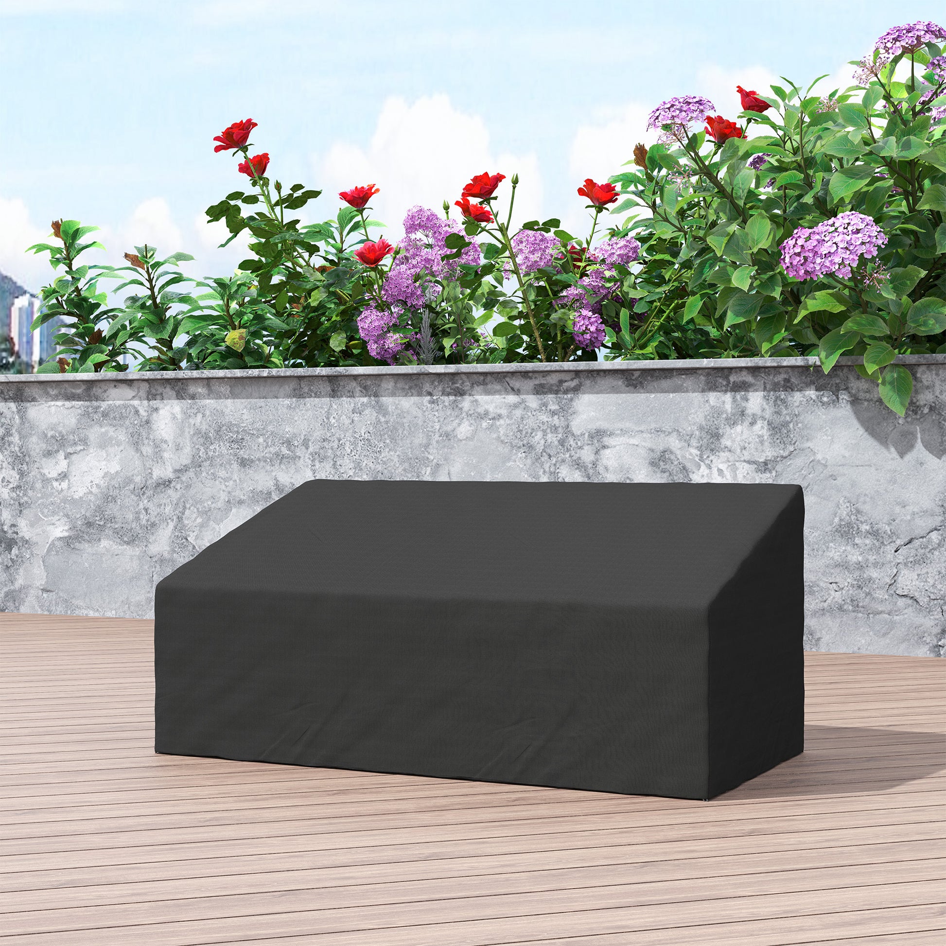 Outsunny Funda para Banco de Jardín 3-4 Plazas, Funda Sofá Exterior Impermeable, Tela Oxford 600D con Recubrimiento Resistente a los Rayos UV y al Polvo, 218x111x63/101 cm para Patio, Terraza, Negro