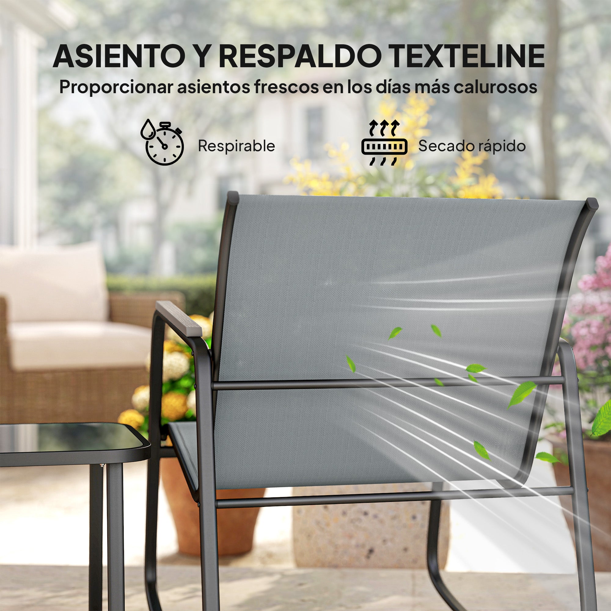 Outsunny Conjunto de Mesa y Sillas de Terraza Exterior de 3 Piezas, Muebles de Jardín Exterior con 2 Sillas Mecedoras, Mesa con Encimera de Vidrio y Estructura de Acero, para Patio, Balcón, Gris