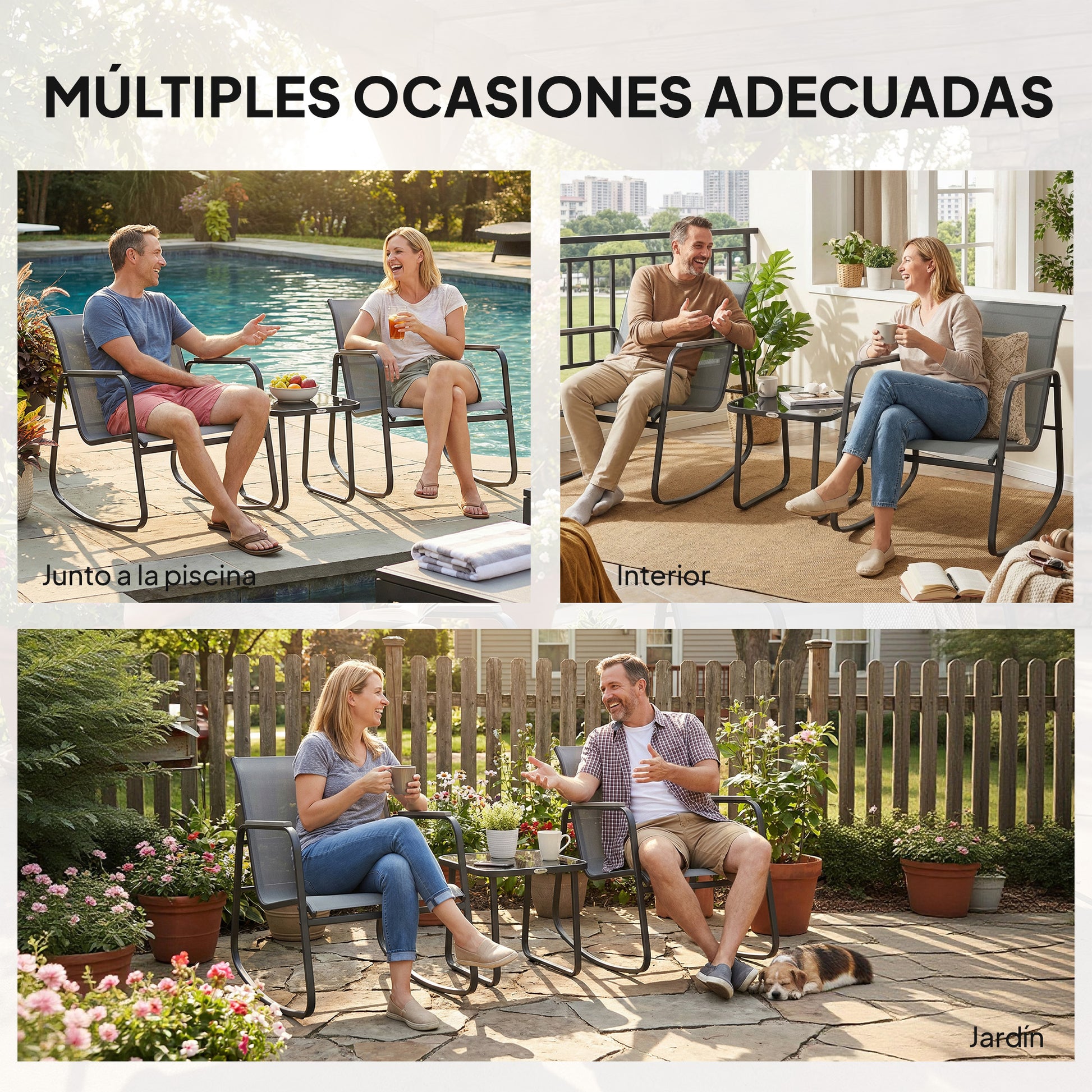 Outsunny Conjunto de Mesa y Sillas de Terraza Exterior de 3 Piezas, Muebles de Jardín Exterior con 2 Sillas Mecedoras, Mesa con Encimera de Vidrio y Estructura de Acero, para Patio, Balcón, Gris