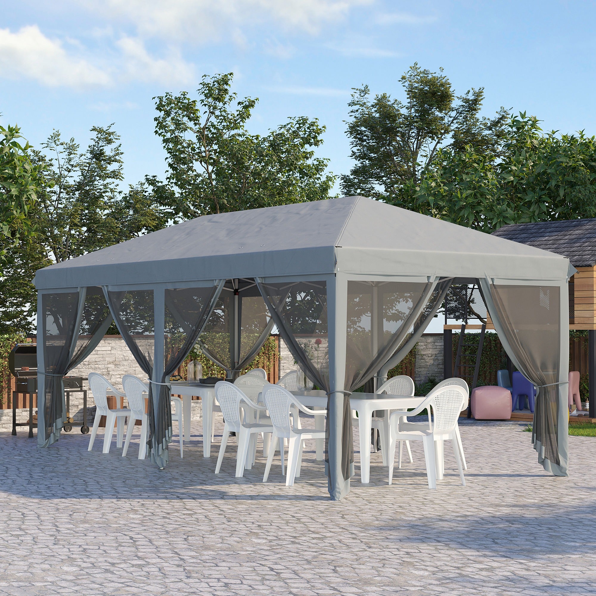 Outsunny Carpa Plegable Pop-Up Gazebo 6x3 m Cenador Plegable con 6 Paredes Laterales de Malla Anti-UV y Bolsa de Transporte para Camping Fiestas Gris