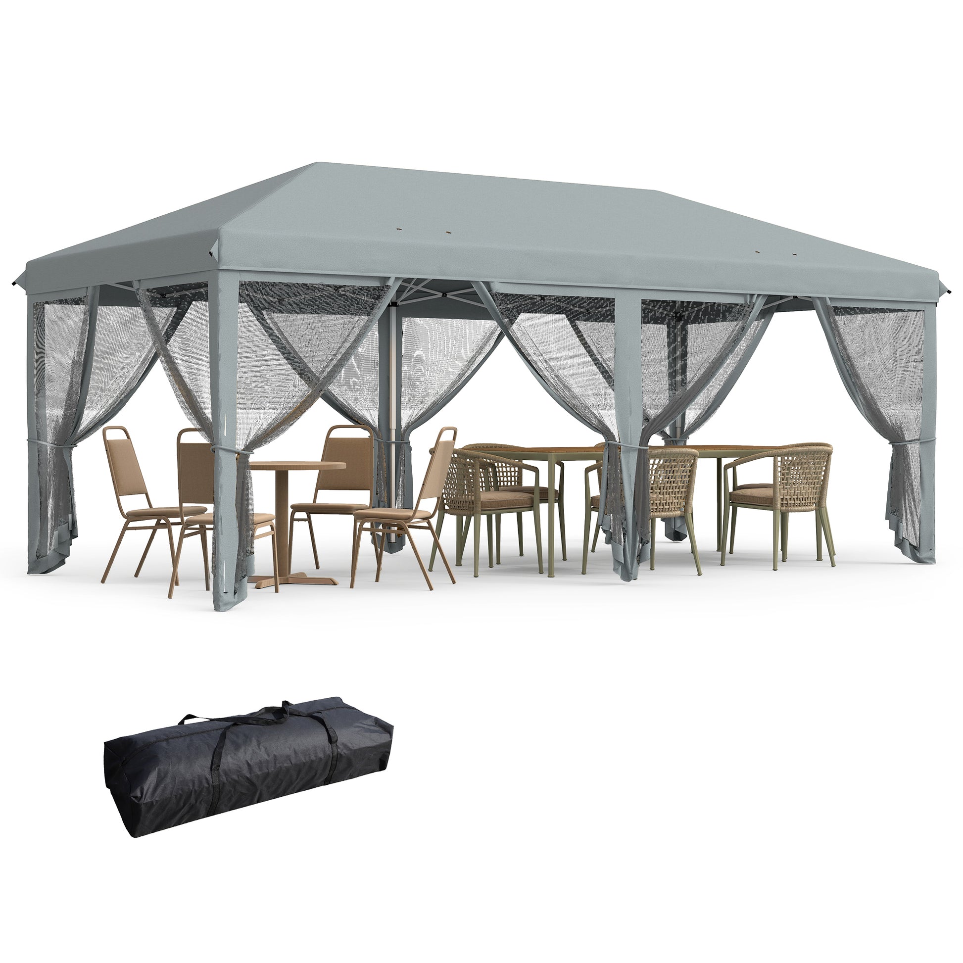 Outsunny Carpa Plegable Pop-Up Gazebo 6x3 m Cenador Plegable con 6 Paredes Laterales de Malla Anti-UV y Bolsa de Transporte para Camping Fiestas Gris