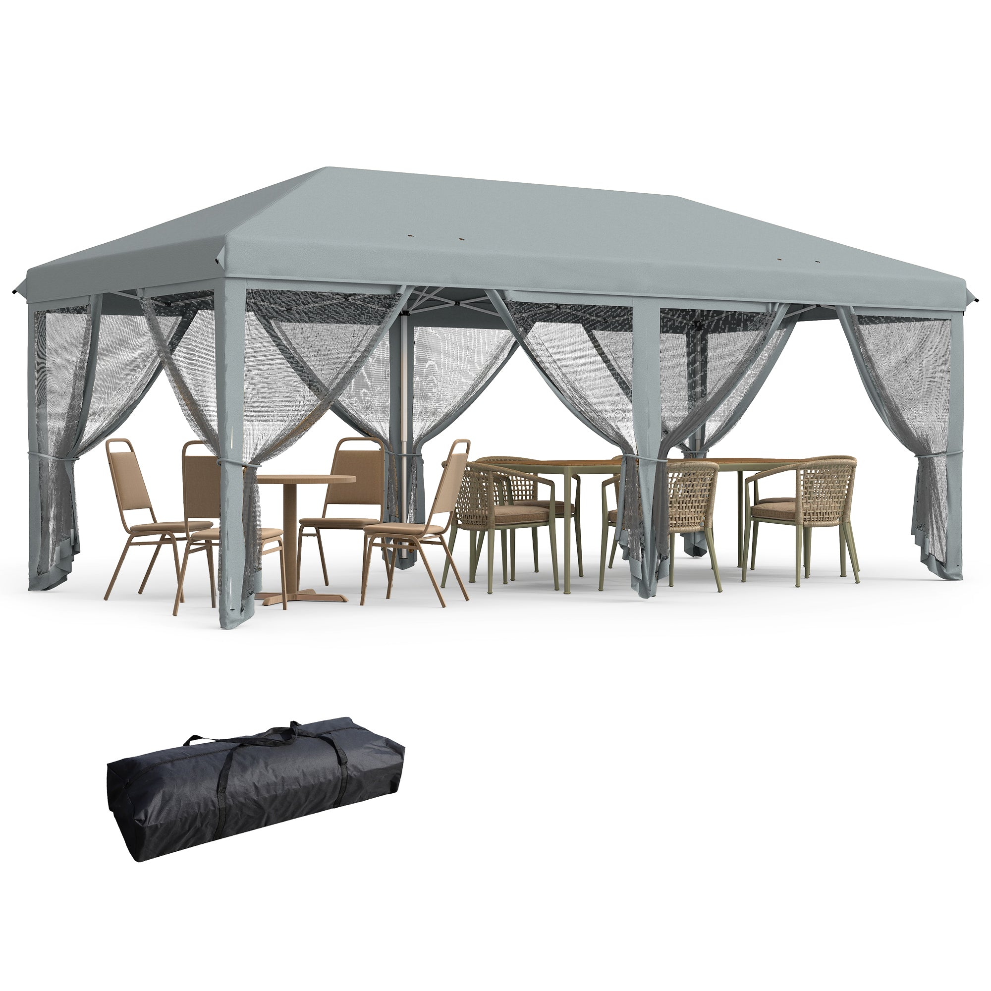 Outsunny Carpa Plegable Pop-Up Gazebo 6x3 m Cenador Plegable con 6 Paredes Laterales de Malla Anti-UV y Bolsa de Transporte para Camping Fiestas Gris