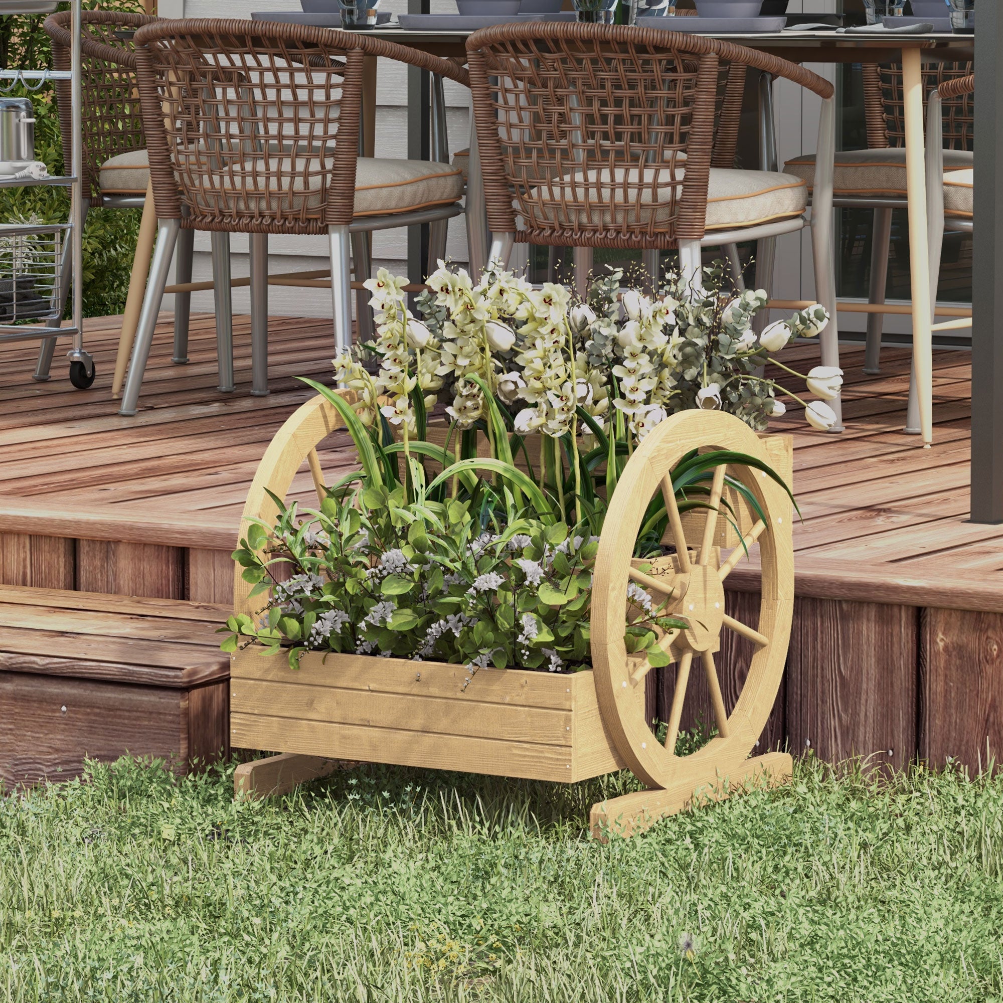 Outsunny Jardinera de Madera Macetero Exterior de 3 Niveles Diseño de Escalera y Forma de Ruedas Orificios de Drenaje Huerto Urbano para Cultivos Plantas Flores en Terraza Jardín 61x62x57 cm Natural