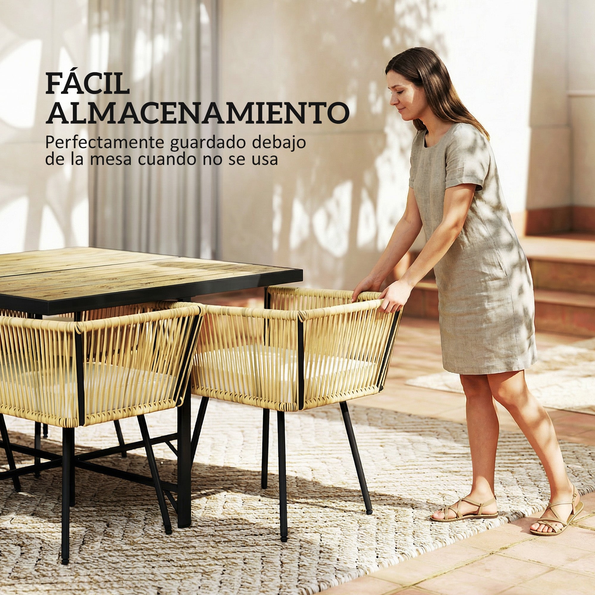 Outsunny Conjunto de Mesa y Sillas Jardín de Ratán de 5 Piezas, Muebles Jardín Exterior con Mesa de Plástico-Madera y 4 Sillas con Cojines Extraíbles, Marco de Metal Resistente para Terraza, Beige