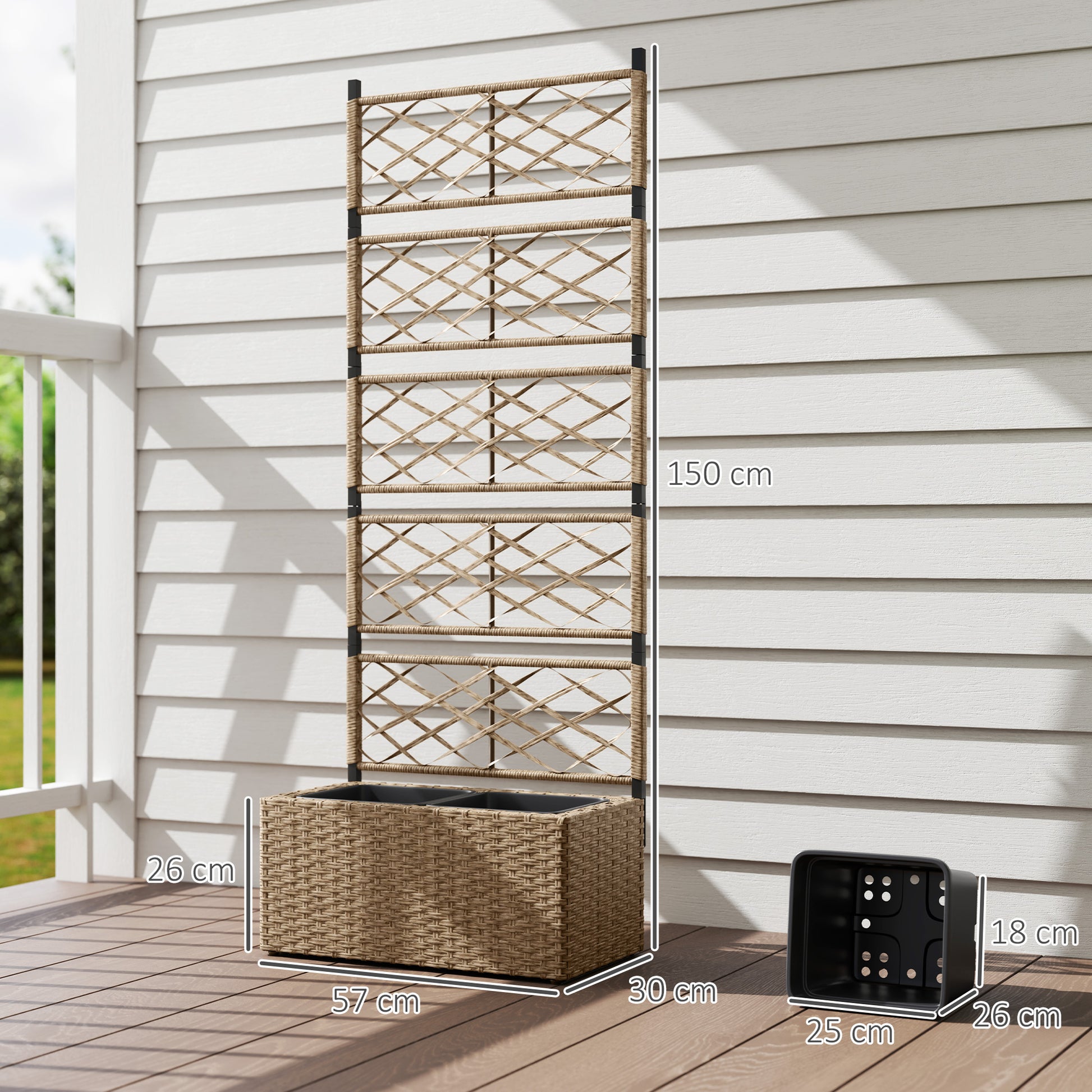 Outsunny Jardinera con Enrejado de Ratán Jardinera Exterior Grande con Enrejado 2 Macetas Extraíbles para Plantas Trepadoras para Jardín Patio Terraza 57x30x150 cm Natural