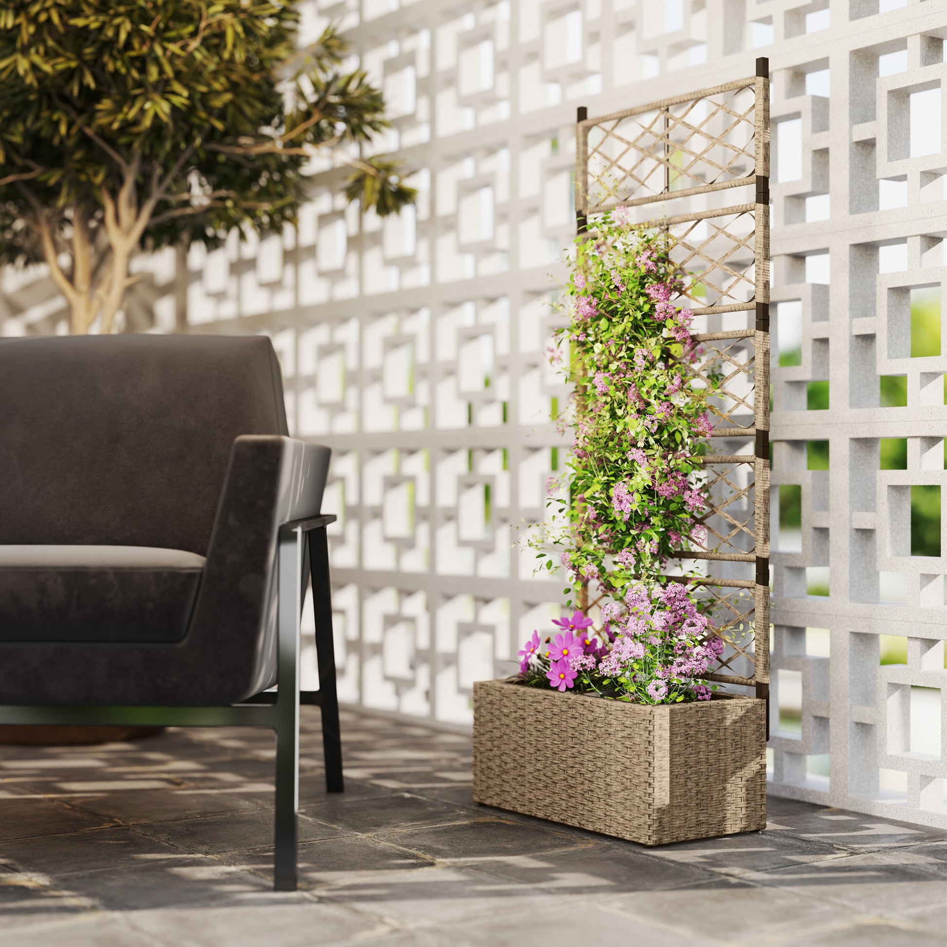 Outsunny Jardinera con Enrejado de Ratán Jardinera Exterior Grande con Enrejado 2 Macetas Extraíbles para Plantas Trepadoras para Jardín Patio Terraza 57x30x150 cm Natural
