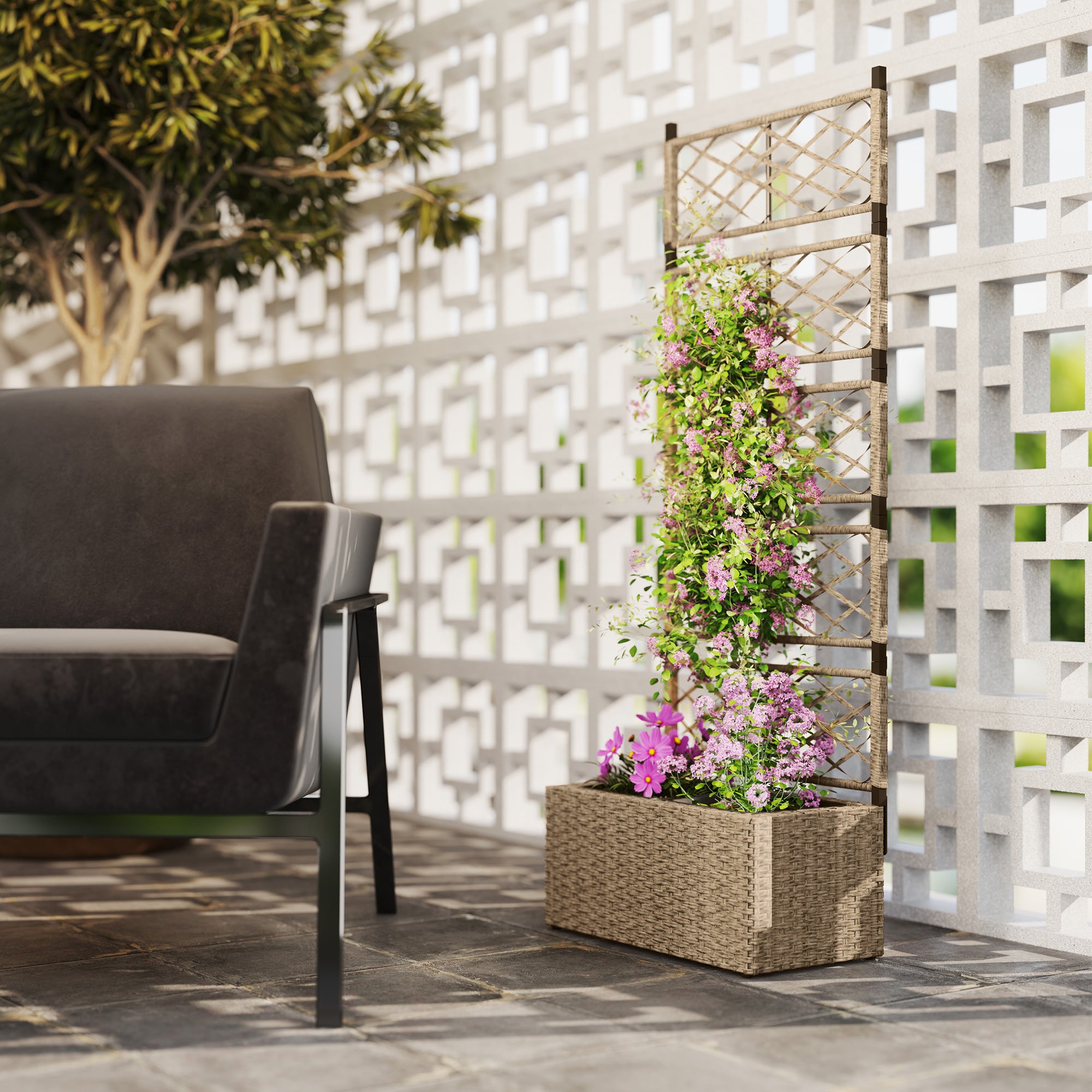Outsunny Jardinera con Enrejado de Ratán Jardinera Exterior Grande con Enrejado 2 Macetas Extraíbles para Plantas Trepadoras para Jardín Patio Terraza 57x30x150 cm Natural