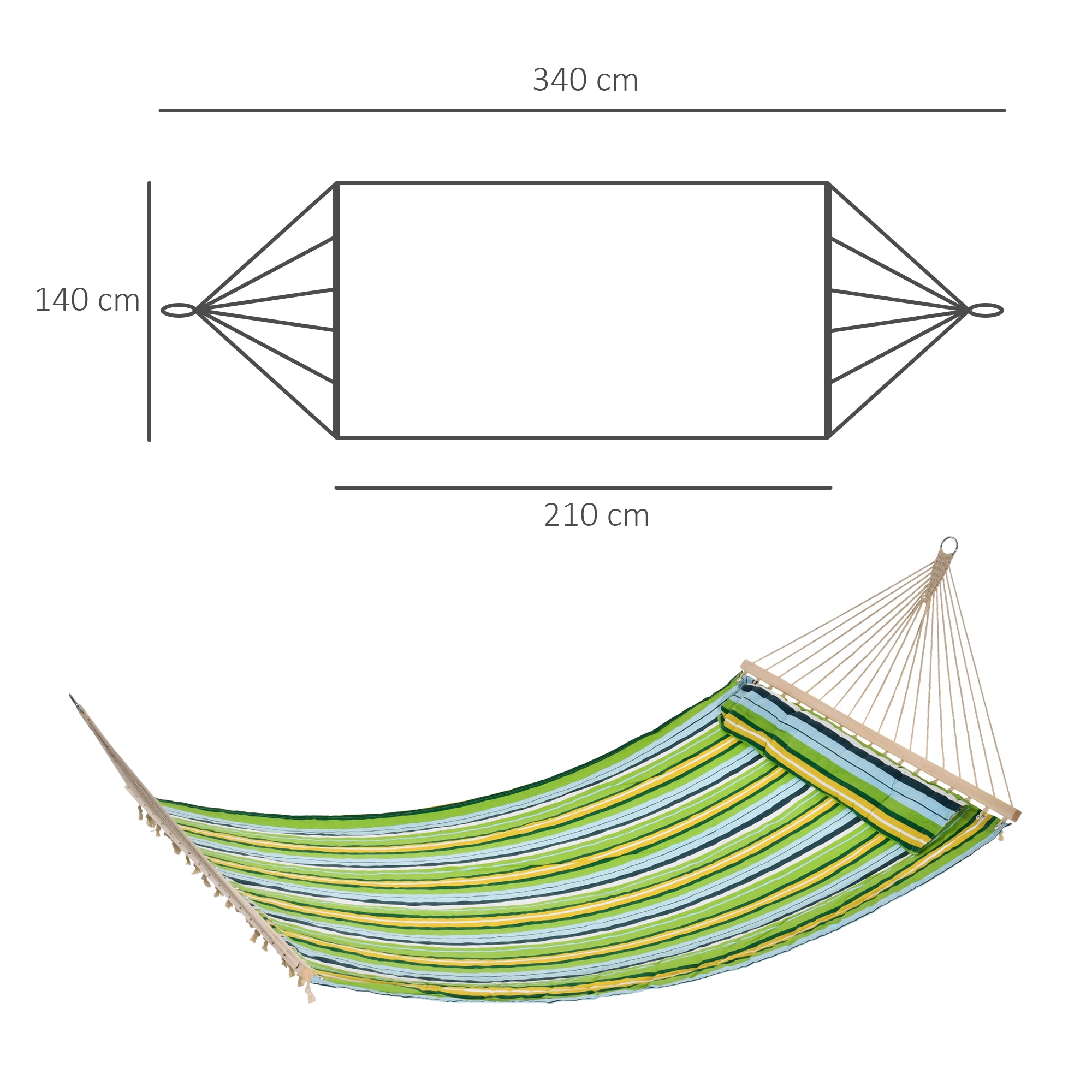 Outsunny Hamaca Colgante de Jardín para 2 Personas Hamaca Ecológico para Camping con Almohada Carga de 180 kg Rayas Azules y Verdes 3,4x1,4m