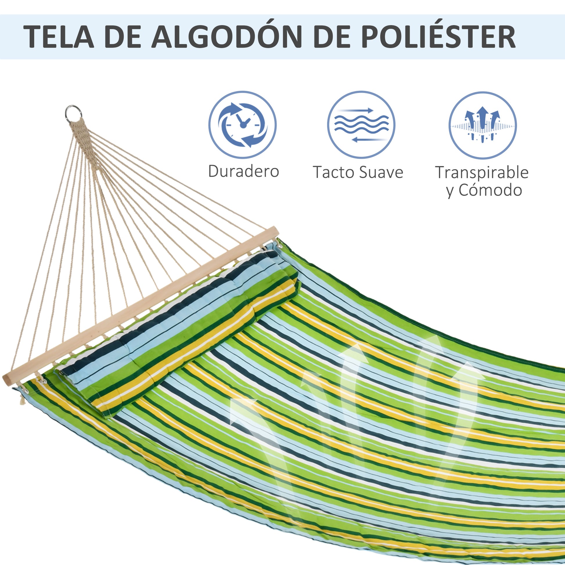 Outsunny Hamaca Colgante de Jardín para 2 Personas Hamaca Ecológico para Camping con Almohada Carga de 180 kg Rayas Azules y Verdes 3,4x1,4m