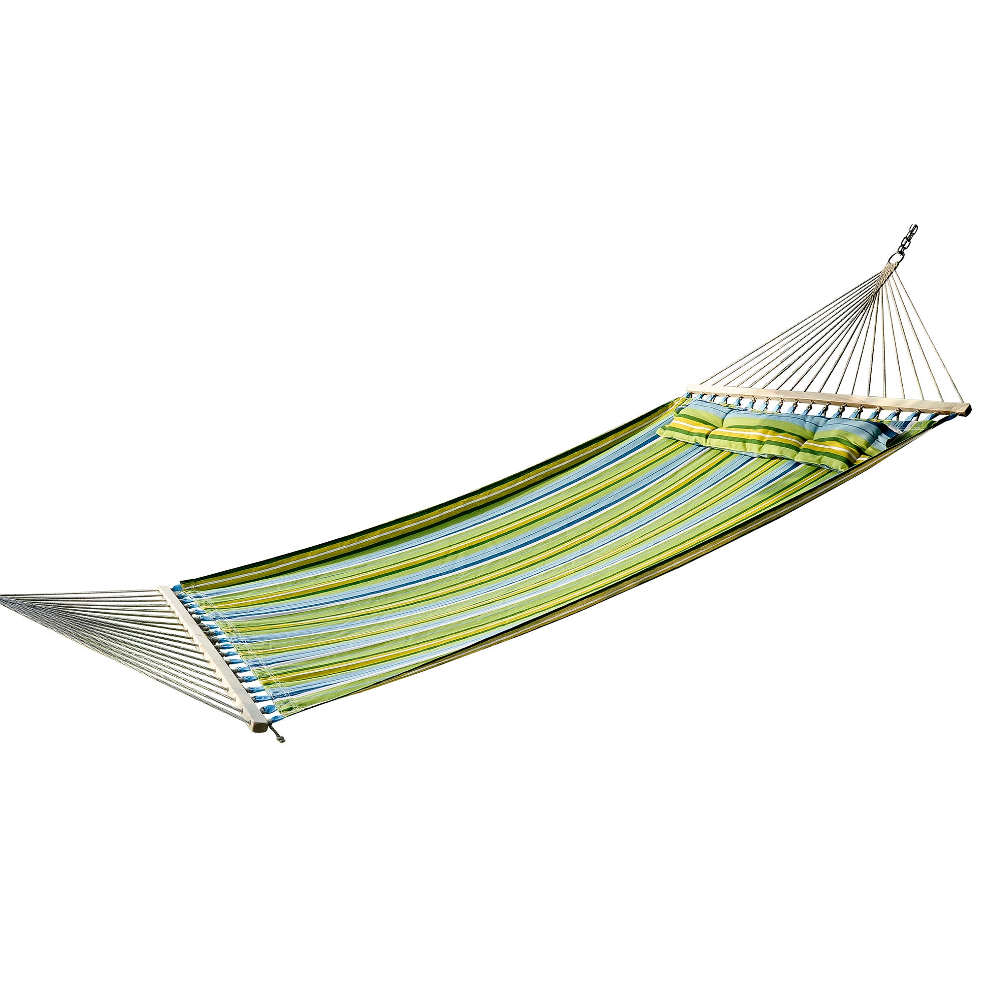 Outsunny Hamaca Colgante de Jardín para 2 Personas Hamaca Ecológico para Camping con Almohada Carga de 180 kg Rayas Azules y Verdes 3,4x1,4m