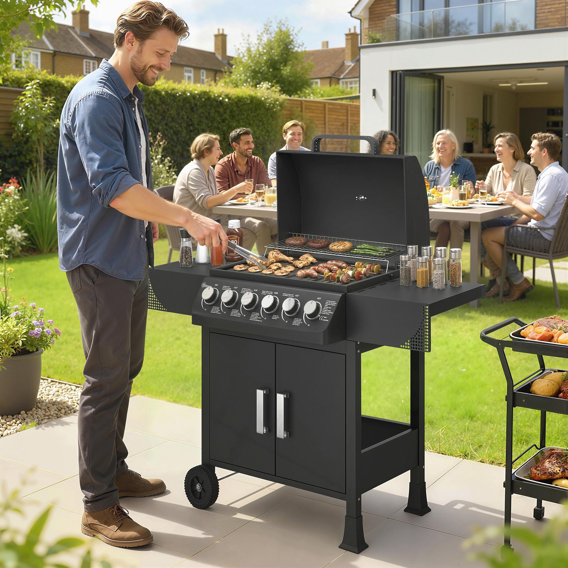 Outsunny Barbacoa de Gas BBQ Gas con 6 Quemadores 15 kW, Barbacoa Portátil con Termómetro, Mesas Laterales, Armario, Rejilla Calentadora, Parrilla, Recogedor de Grasa, 2 Ruedas y Tapa, Negro