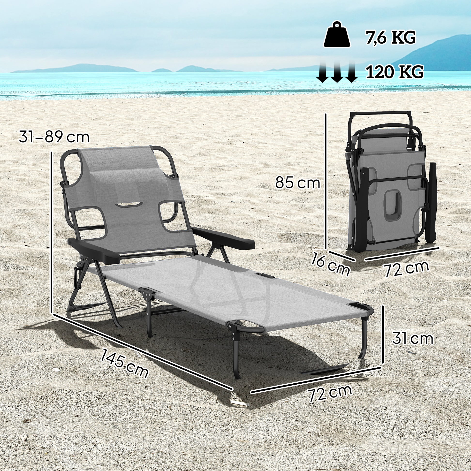 Outsunny Tumbona Plegable, Tumbona Jardín Exterior con Respaldo Ajustable en 4 Posiciones, Orificio de Lectura, Reposacabezas y Brazos, Carga 120 kg, para Terraza, Piscina, 145x72x89 cm, Gris Oscuro