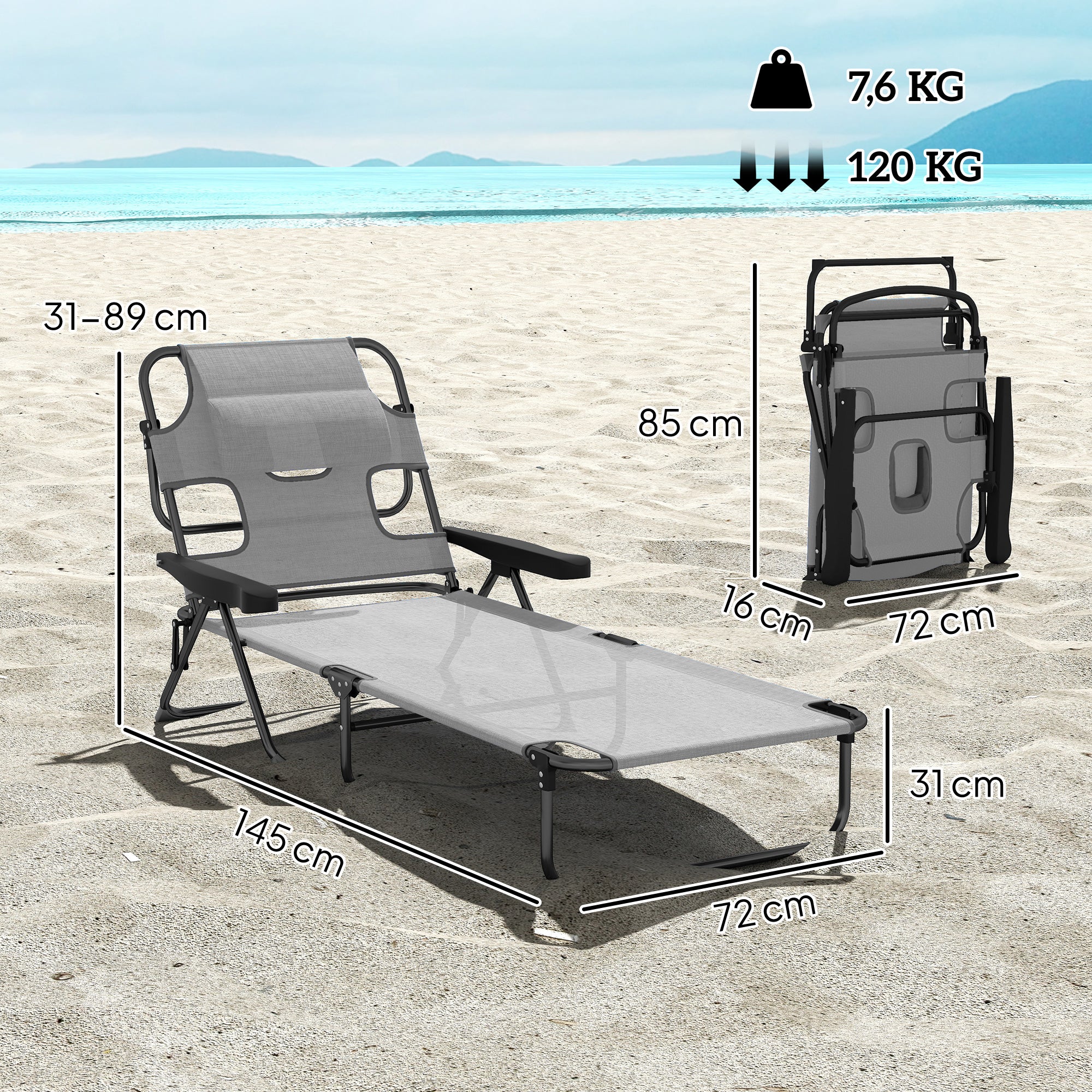 Outsunny Tumbona Plegable, Tumbona Jardín Exterior con Respaldo Ajustable en 4 Posiciones, Orificio de Lectura, Reposacabezas y Brazos, Carga 120 kg, para Terraza, Piscina, 145x72x89 cm, Gris Oscuro