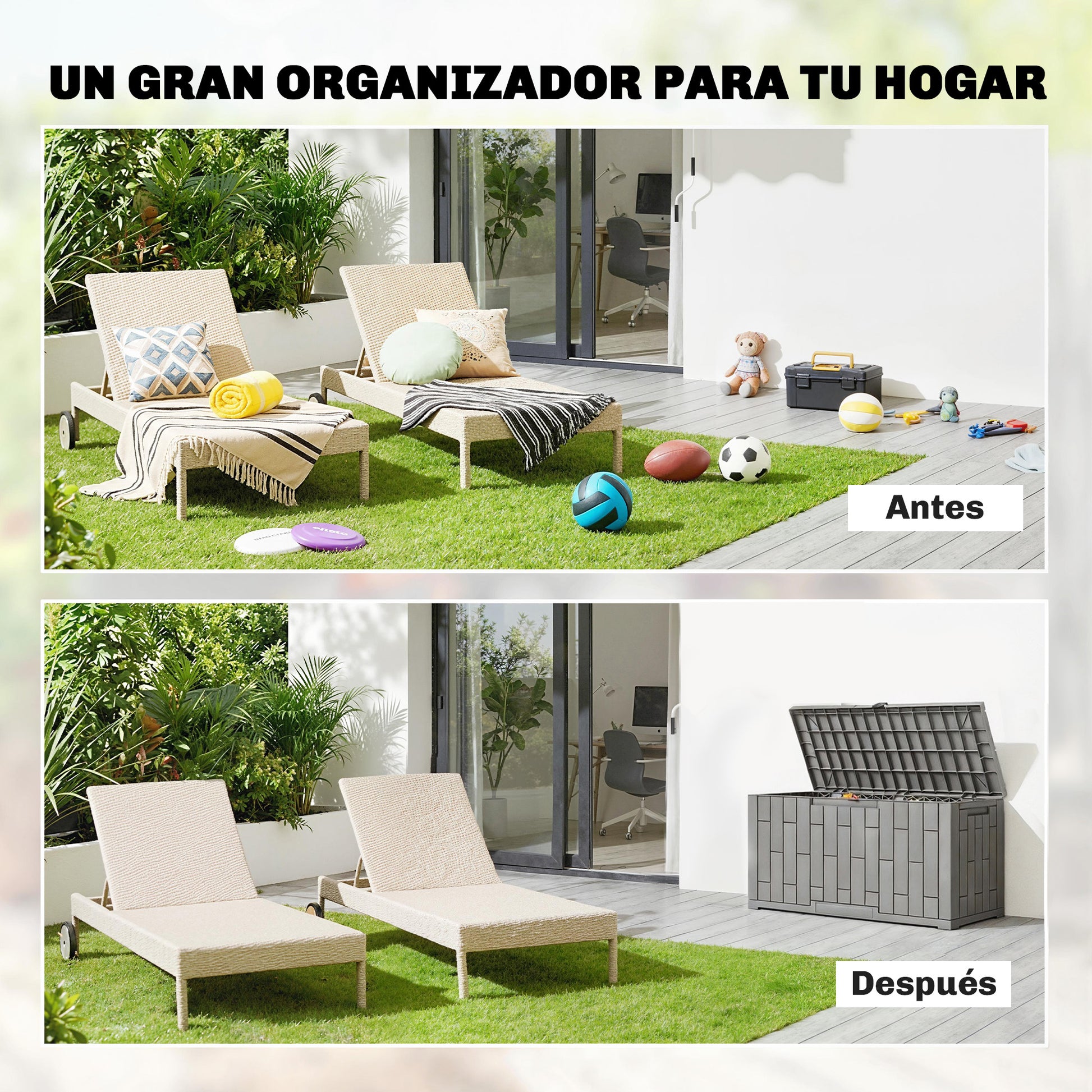 Outsunny Arcón Exterior Capacidad 227L, Baúl de Almacenaje Exterior de Resina Resistente al Agua y a los Rayos UV, con Cerradura para Jardín, Terraza, Patio, 106,5x43x54,5 cm, Gris
