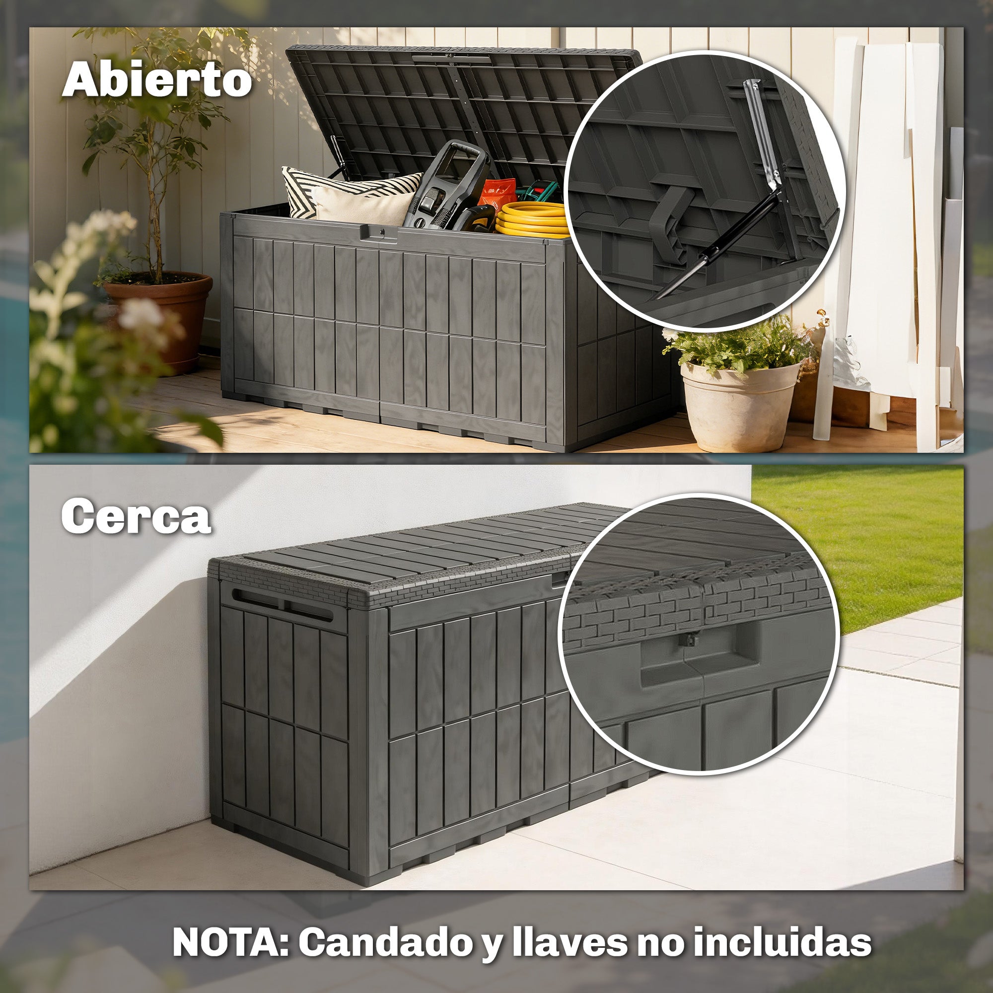Outsunny Arcón Exterior Capacidad 440L, Baúl de Almacenaje Exterior de Resina Resistente al Agua y a los Rayos UV, con Tapa Bloqueable, Barras de Gas, Asas Laterales, para Jardín, 133x62x65 cm, Café