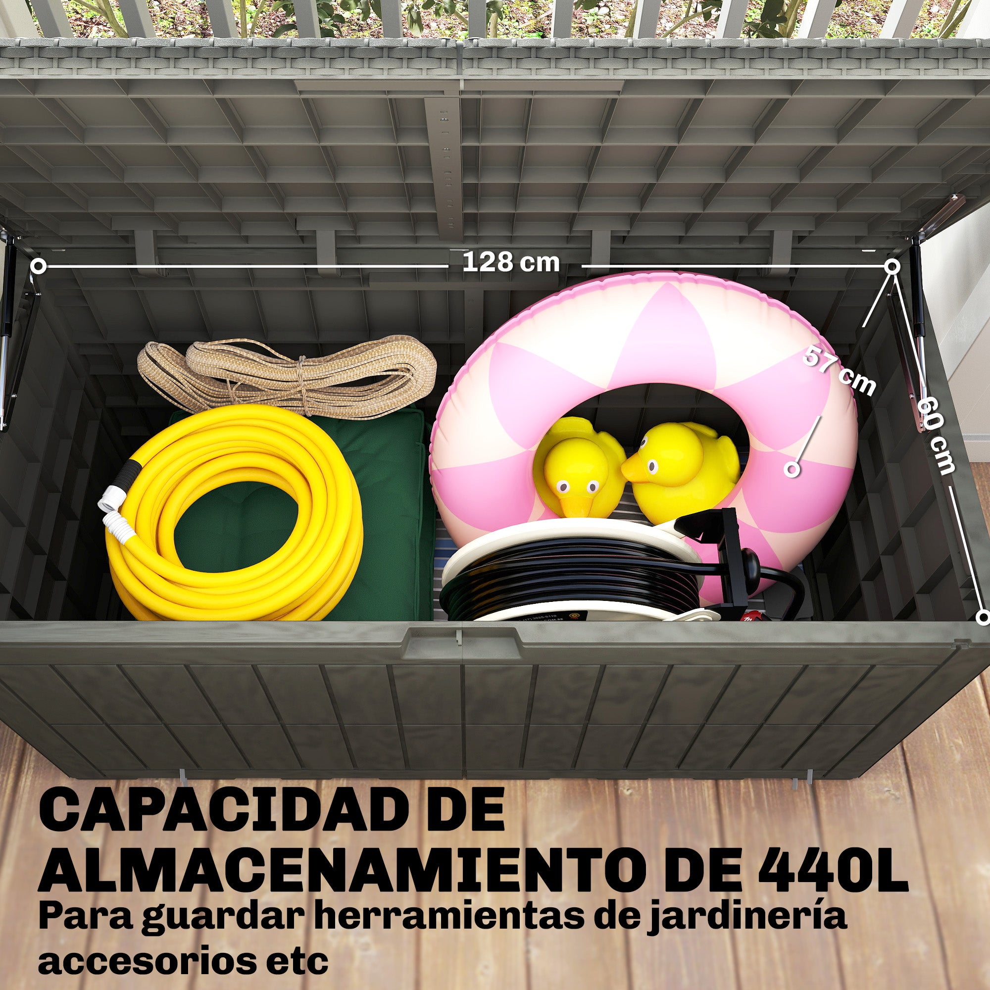 Outsunny Arcón Exterior Capacidad 440L, Baúl de Almacenaje Exterior de Resina Resistente al Agua y a los Rayos UV, con Tapa Bloqueable, Barras de Gas, Asas Laterales, para Jardín, 133x62x65 cm, Café