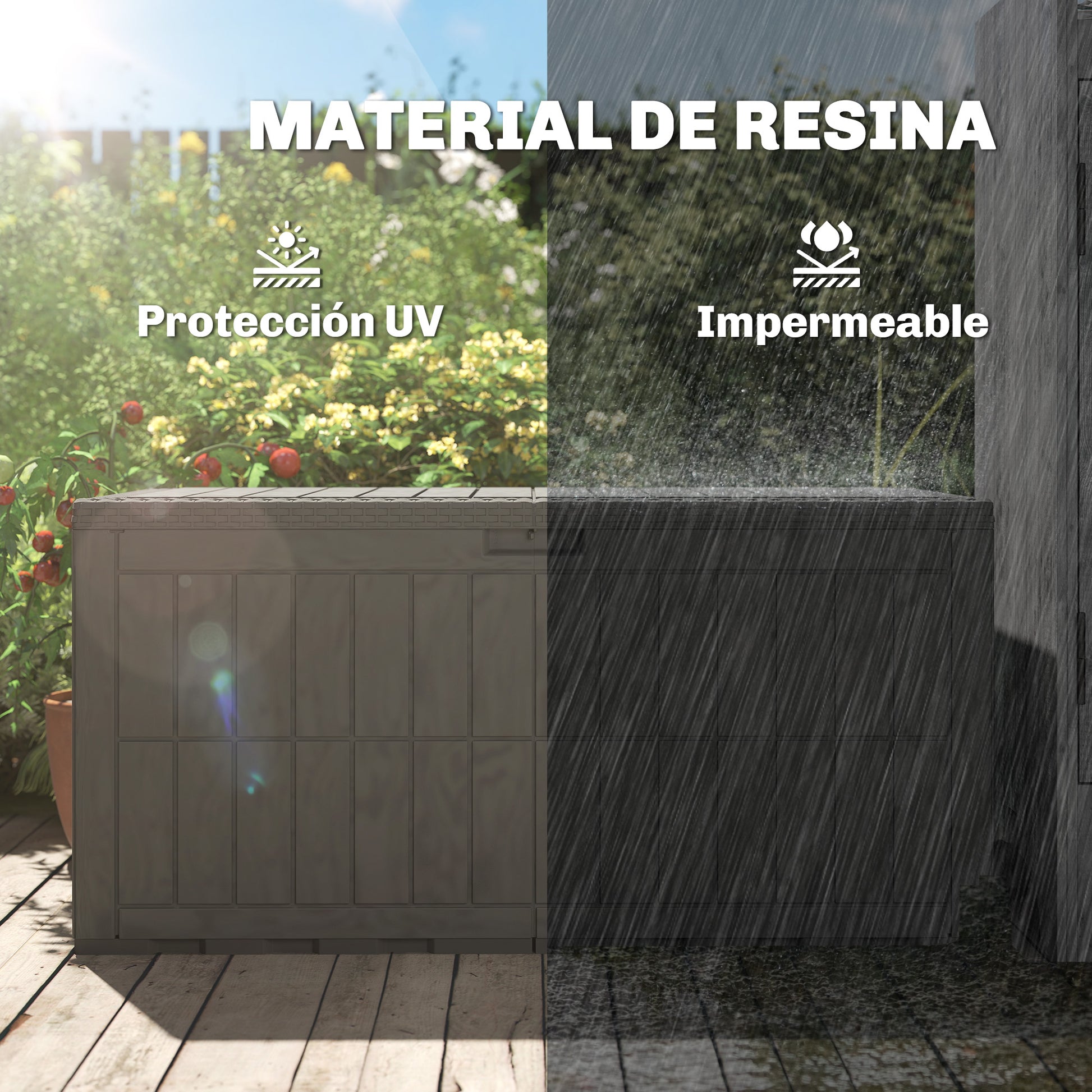 Outsunny Arcón Exterior Capacidad 440L, Baúl de Almacenaje Exterior de Resina Resistente al Agua y a los Rayos UV, con Tapa Bloqueable, Barras de Gas, Asas Laterales, para Jardín, 133x62x65 cm, Café