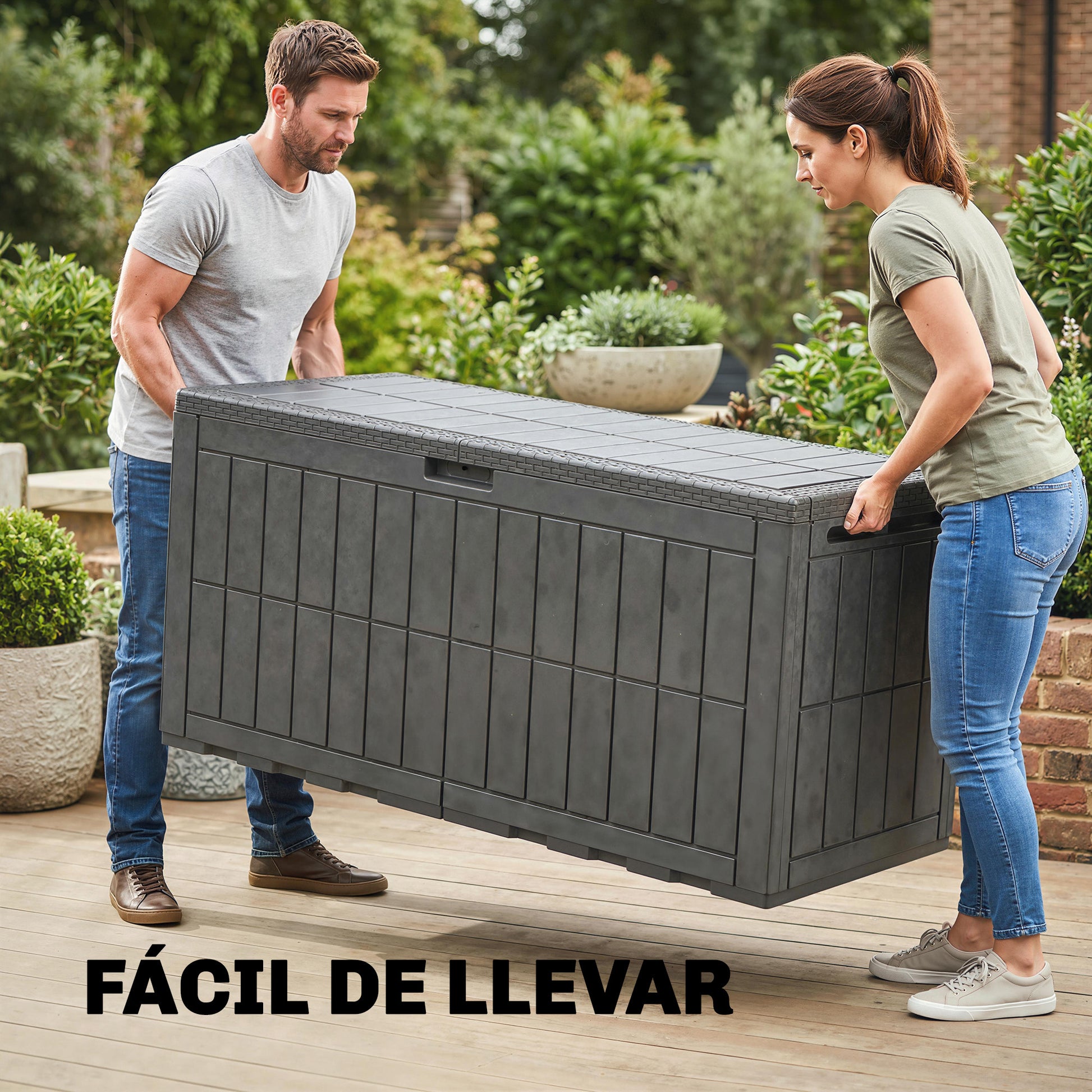 Outsunny Arcón Exterior Capacidad 440L, Baúl de Almacenaje Exterior de Resina Resistente al Agua y a los Rayos UV, con Tapa Bloqueable, Barras de Gas, Asas Laterales, para Jardín, 133x62x65 cm, Café