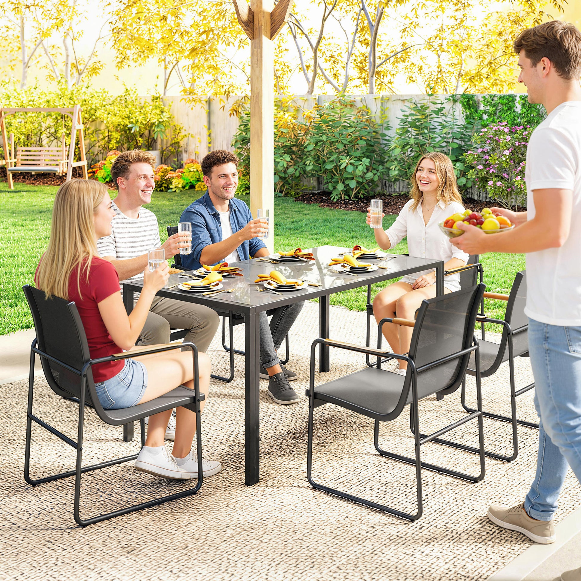 Outsunny Conjunto de Mesa y Sillas Jardín de 7 Piezas, Muebles Jardín Exterior con Mesa de Vidrio Templado, 6 Sillas Transpirables Decorativas, Marco de Acero Resistente a la Intemperie, Gris