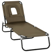 Outsunny Tumbona Plegable con Respaldo Regulable en 4 Posiciones Tumbona de Jardín con Orificio de Lectura Almohada Marco Metálico y Tela Oxford para Playa Terraza Carga 120 kg 190x56x28 cm Marrón