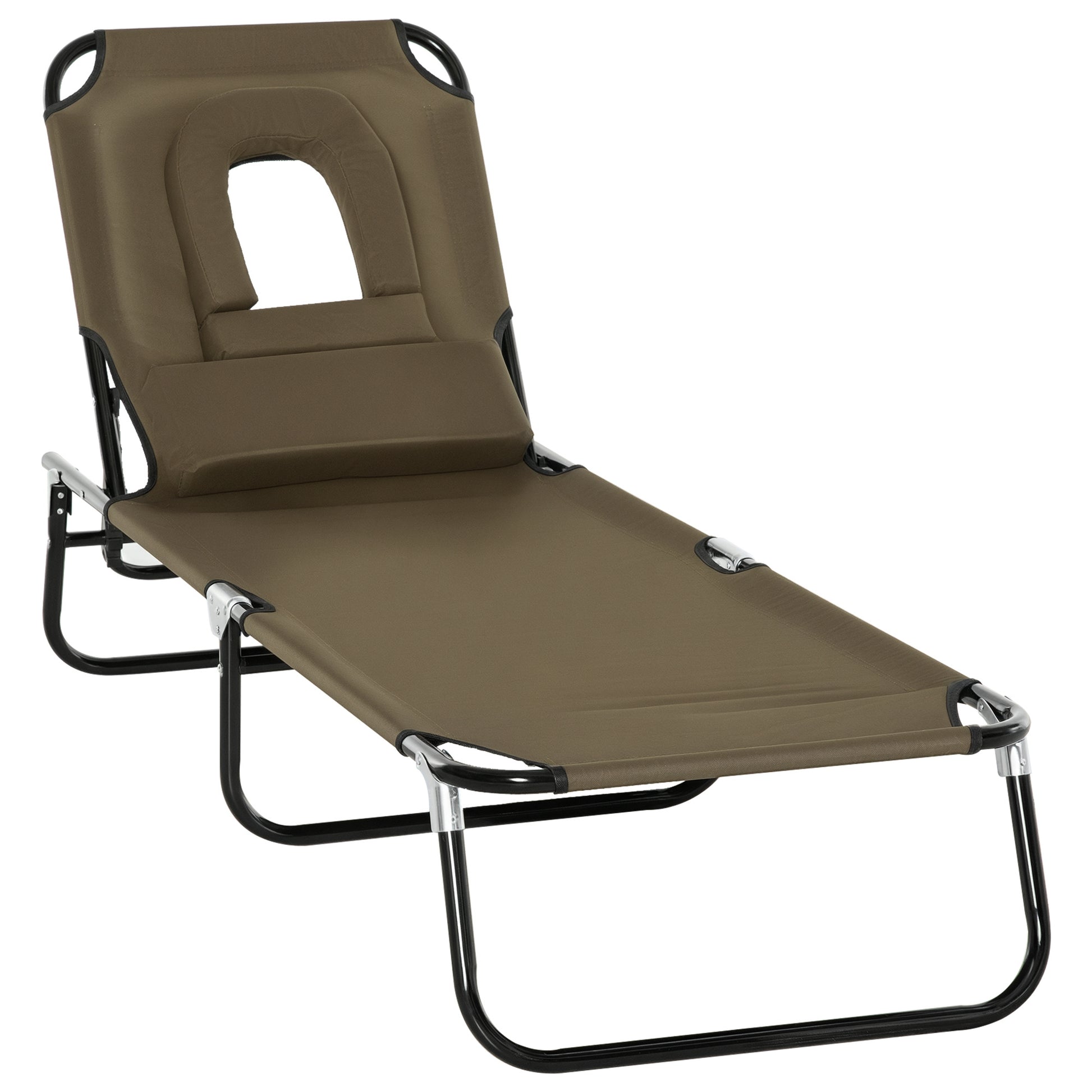 Outsunny Tumbona Plegable con Respaldo Regulable en 4 Posiciones Tumbona de Jardín con Orificio de Lectura Almohada Marco Metálico y Tela Oxford para Playa Terraza Carga 120 kg 190x56x28 cm Marrón