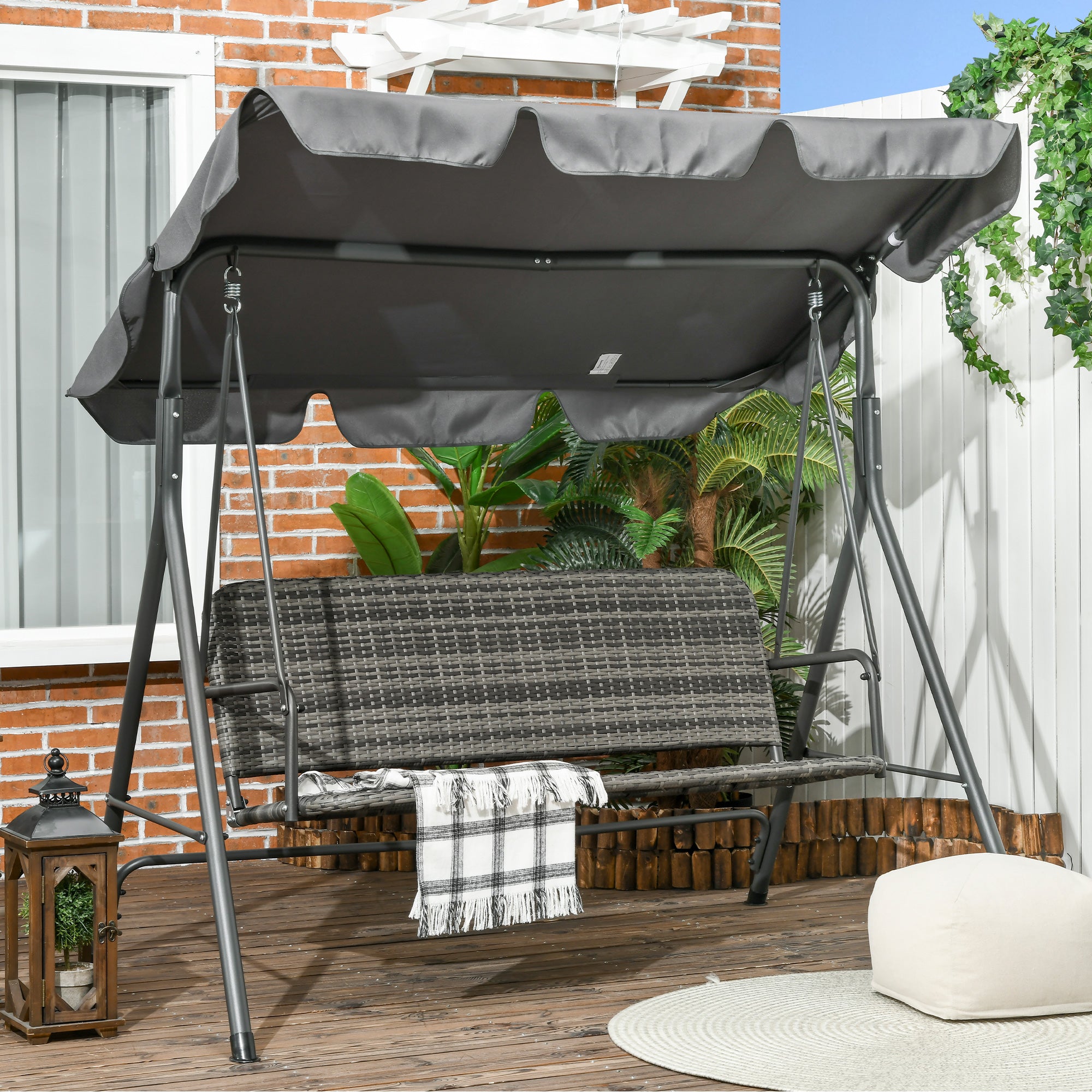 Outsunny Columpio de Jardín Exterior de 3 Plazas Balancín de Jardín Exterior con Toldo Ajustable Asiento de Ratán PE y Reposabrazos para Balcón Terraza Patio Carga 240 kg 167x112x153 cm Gris