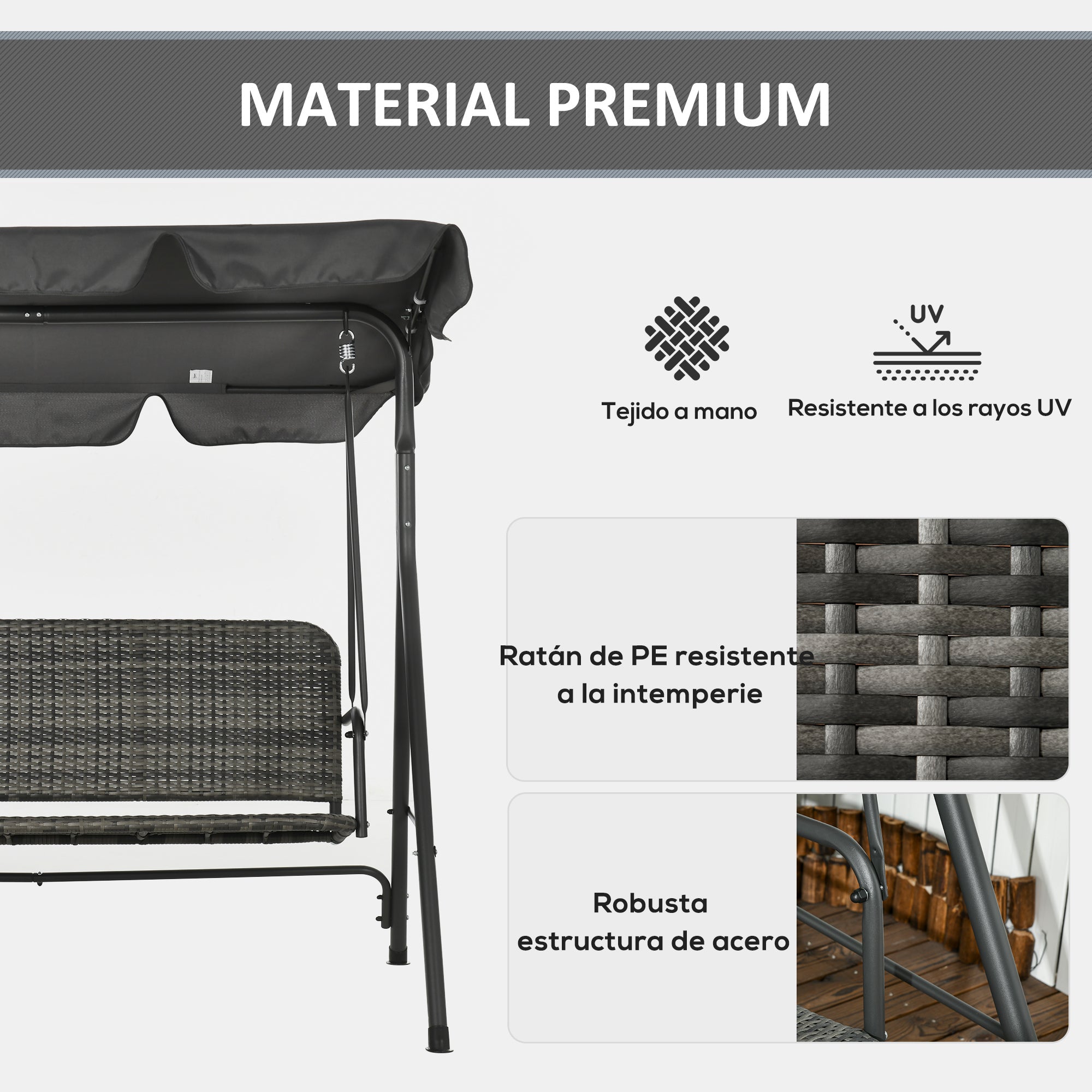 Outsunny Columpio de Jardín Exterior de 3 Plazas Balancín de Jardín Exterior con Toldo Ajustable Asiento de Ratán PE y Reposabrazos para Balcón Terraza Patio Carga 240 kg 167x112x153 cm Gris