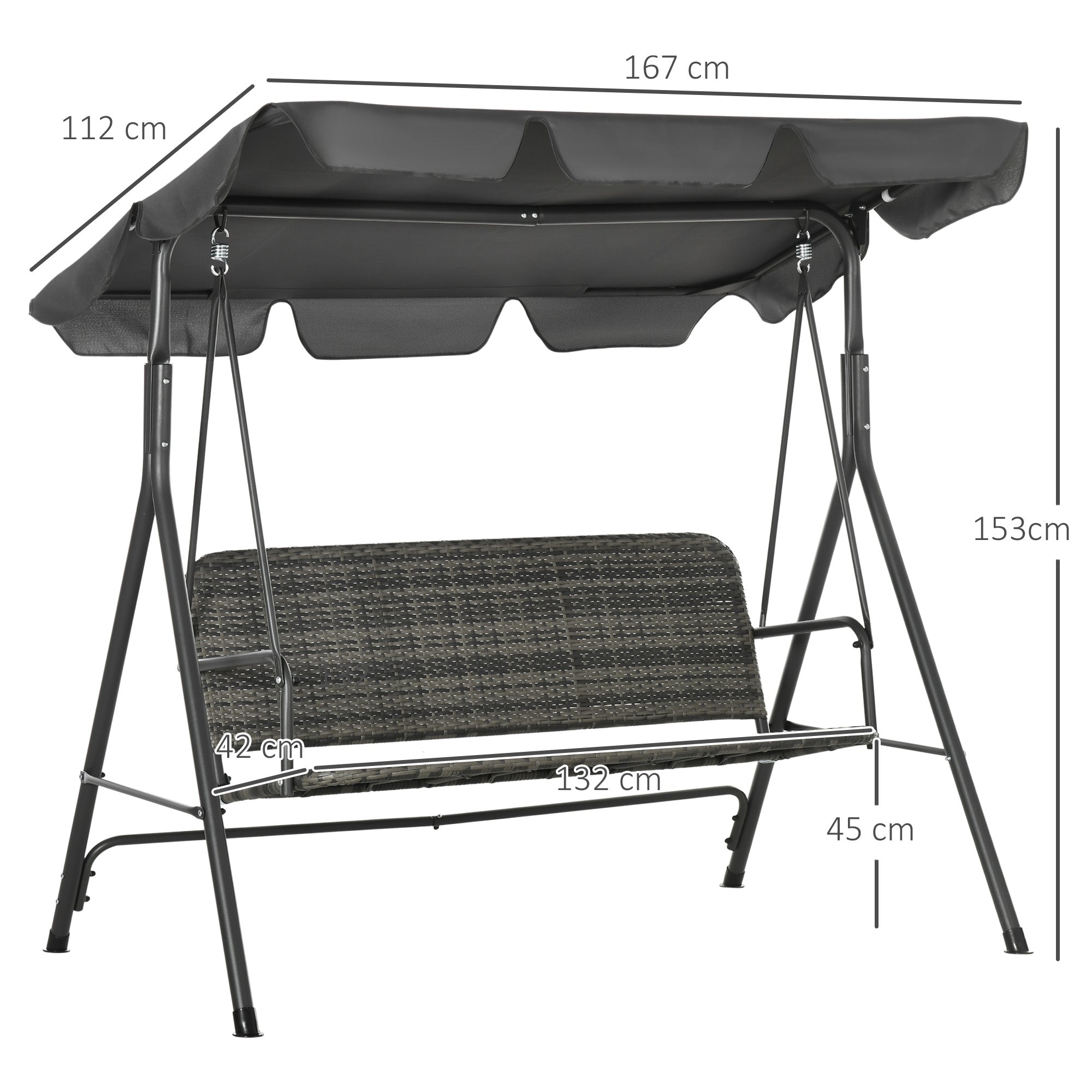 Outsunny Columpio de Jardín Exterior de 3 Plazas Balancín de Jardín Exterior con Toldo Ajustable Asiento de Ratán PE y Reposabrazos para Balcón Terraza Patio Carga 240 kg 167x112x153 cm Gris