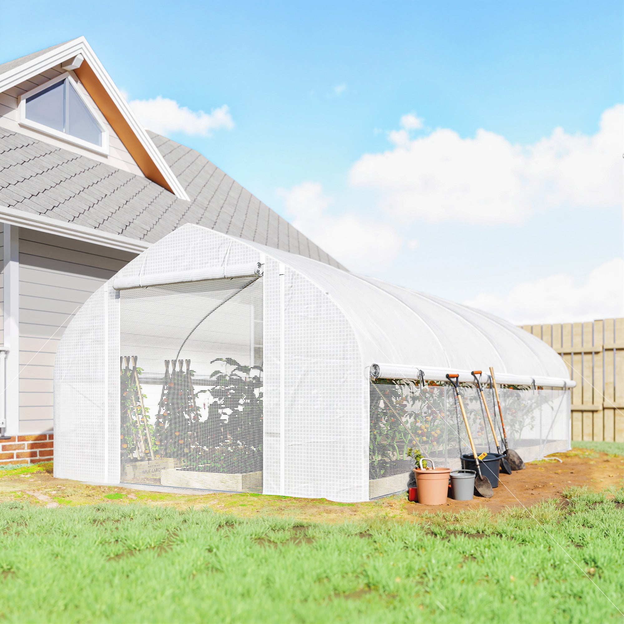 Outsunny Invernadero de Exterior, 6x3x2 m, Invernadero de Túnel con 8 Ventanas, Cubierta de PE, Anti-UV y Puerta Enrollable con Cremallera, Paredes Laterales con Malla, para Cultivos, Plantas, Blanco