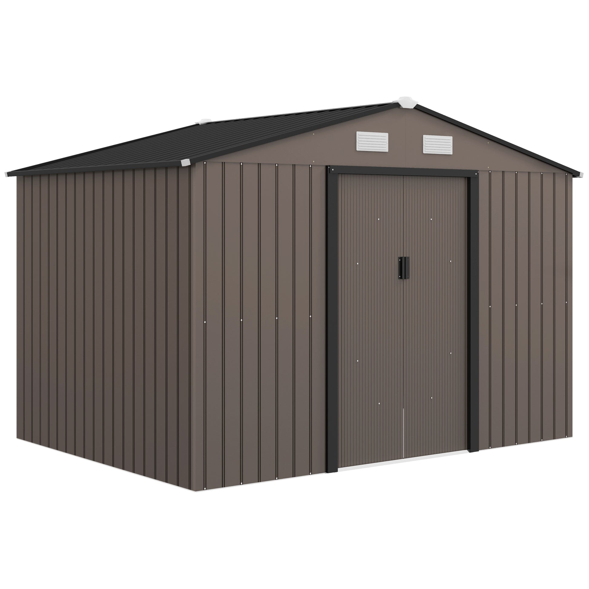 Outsunny Caseta de Jardín Exterior 4,9 m², 277x195x192 cm, Cobertizo de Jardín Exterior Metálico con Puerta Corredera, Ventilación y Kit de Fundación, para Almacenamiento de Herramientas, Marrón